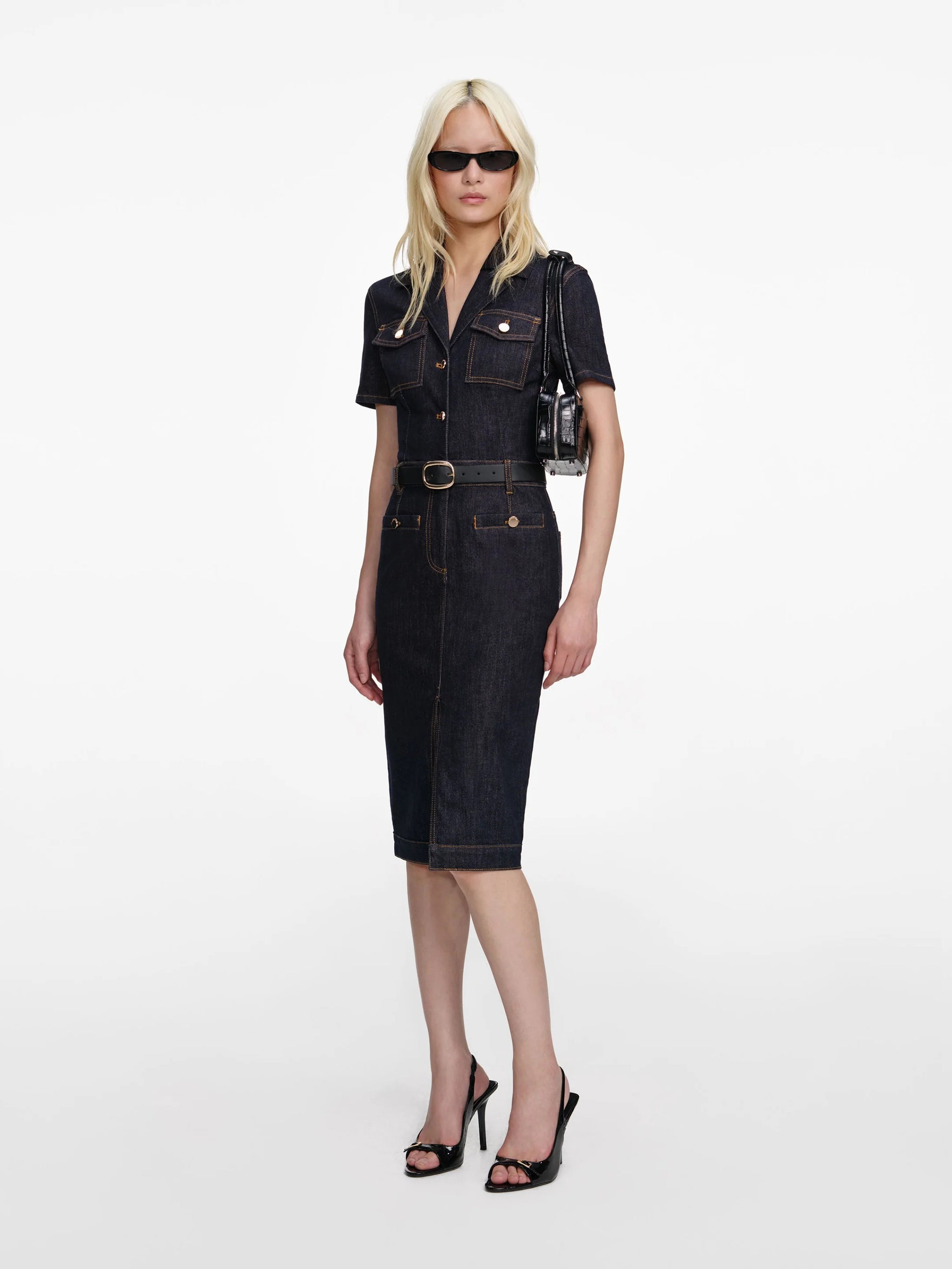 SELF-PORTRAIT Denim Midi Dress with Removable Belt and Pocket