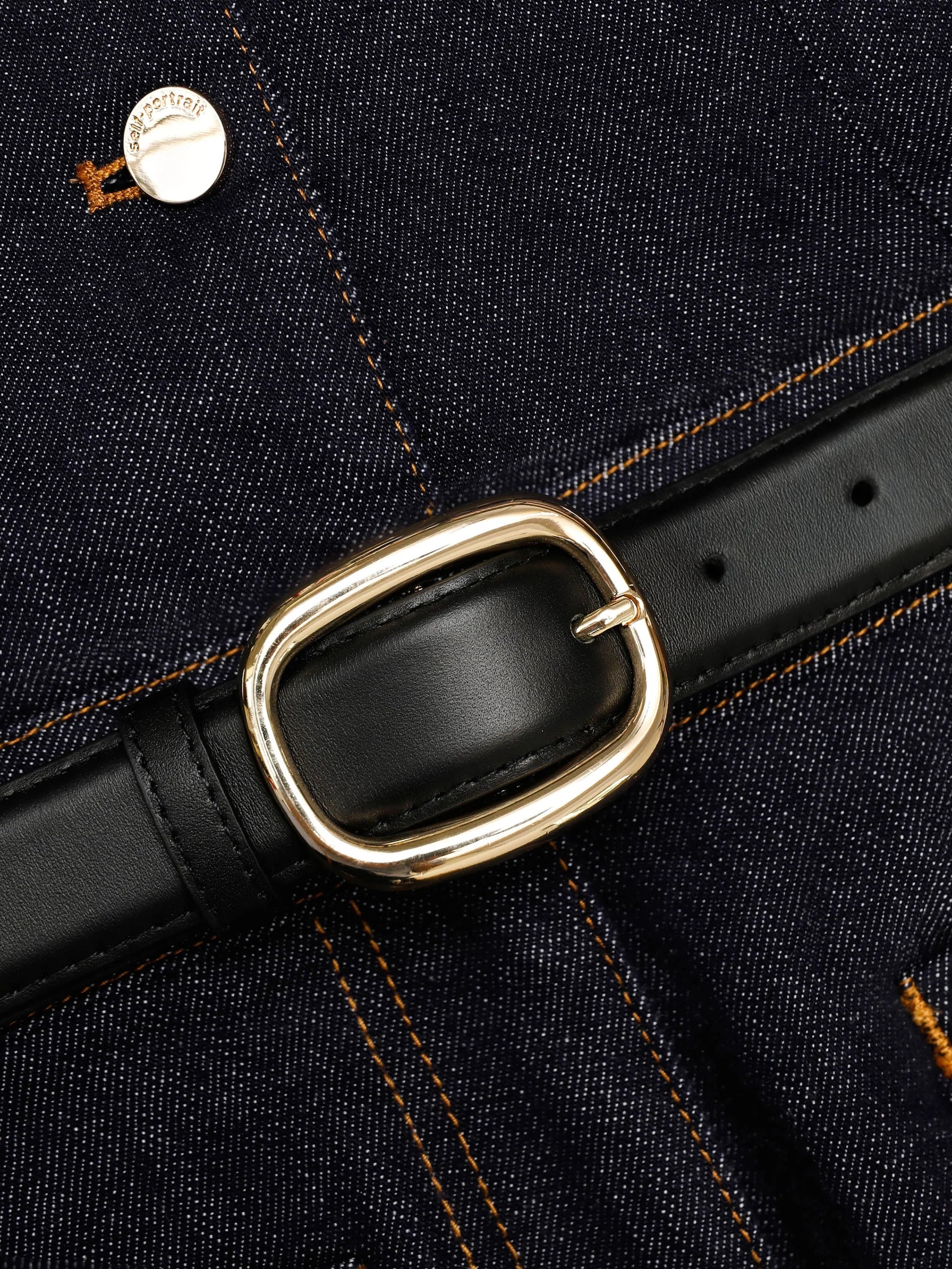 SELF-PORTRAIT Denim Midi Dress with Removable Belt and Pocket