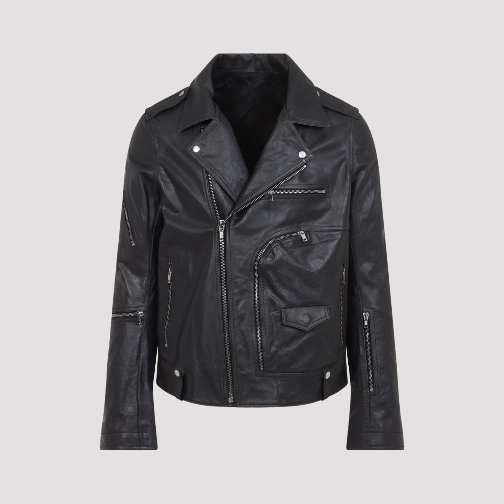 RICK OWENS Slim Fit Leather Jacket with Wide Collar - Size 48