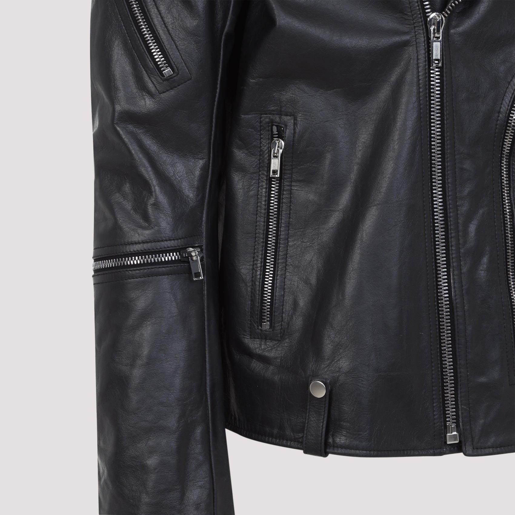 RICK OWENS Slim Fit Leather Jacket with Wide Collar - Size 48