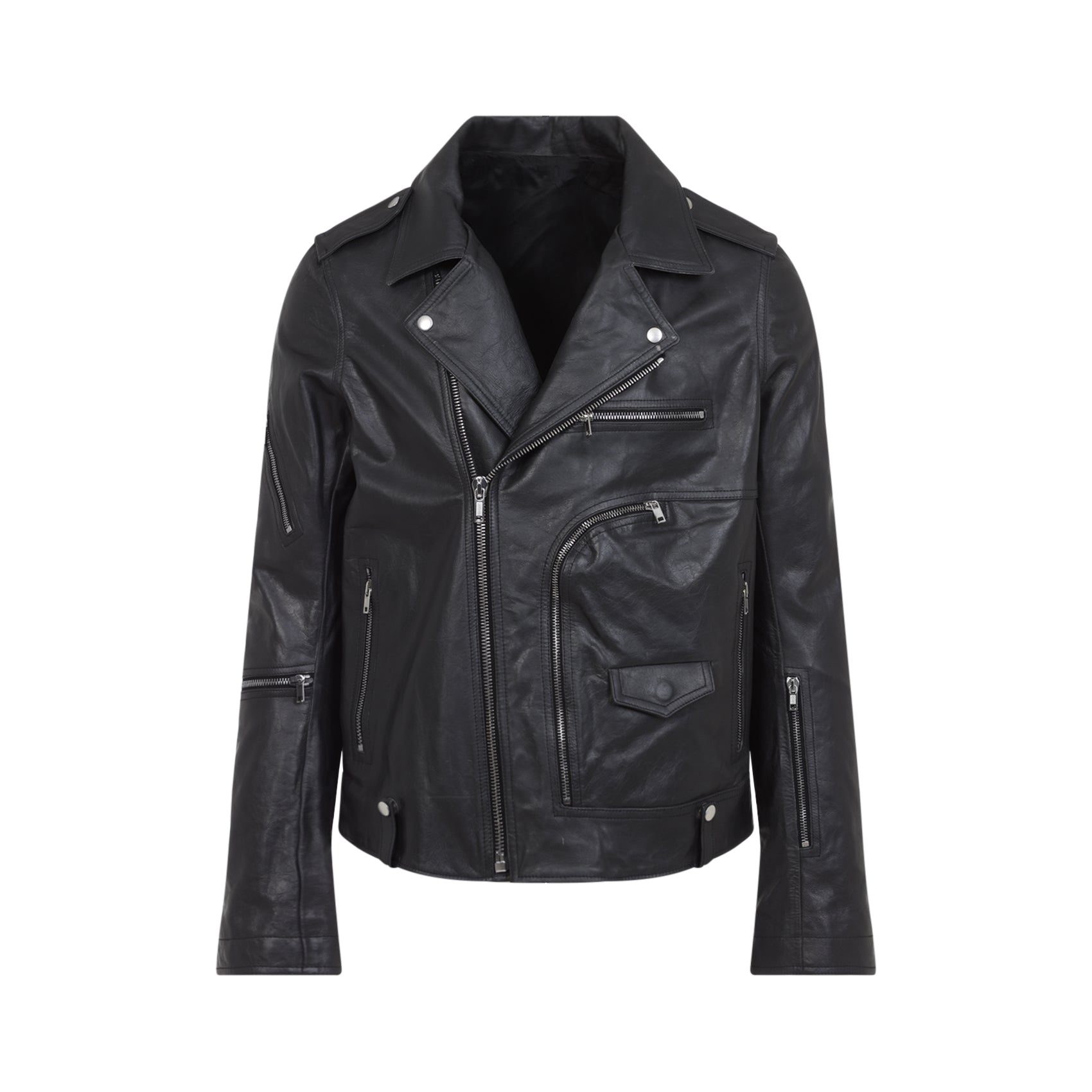 RICK OWENS Slim Fit Leather Jacket with Wide Collar - Size 48