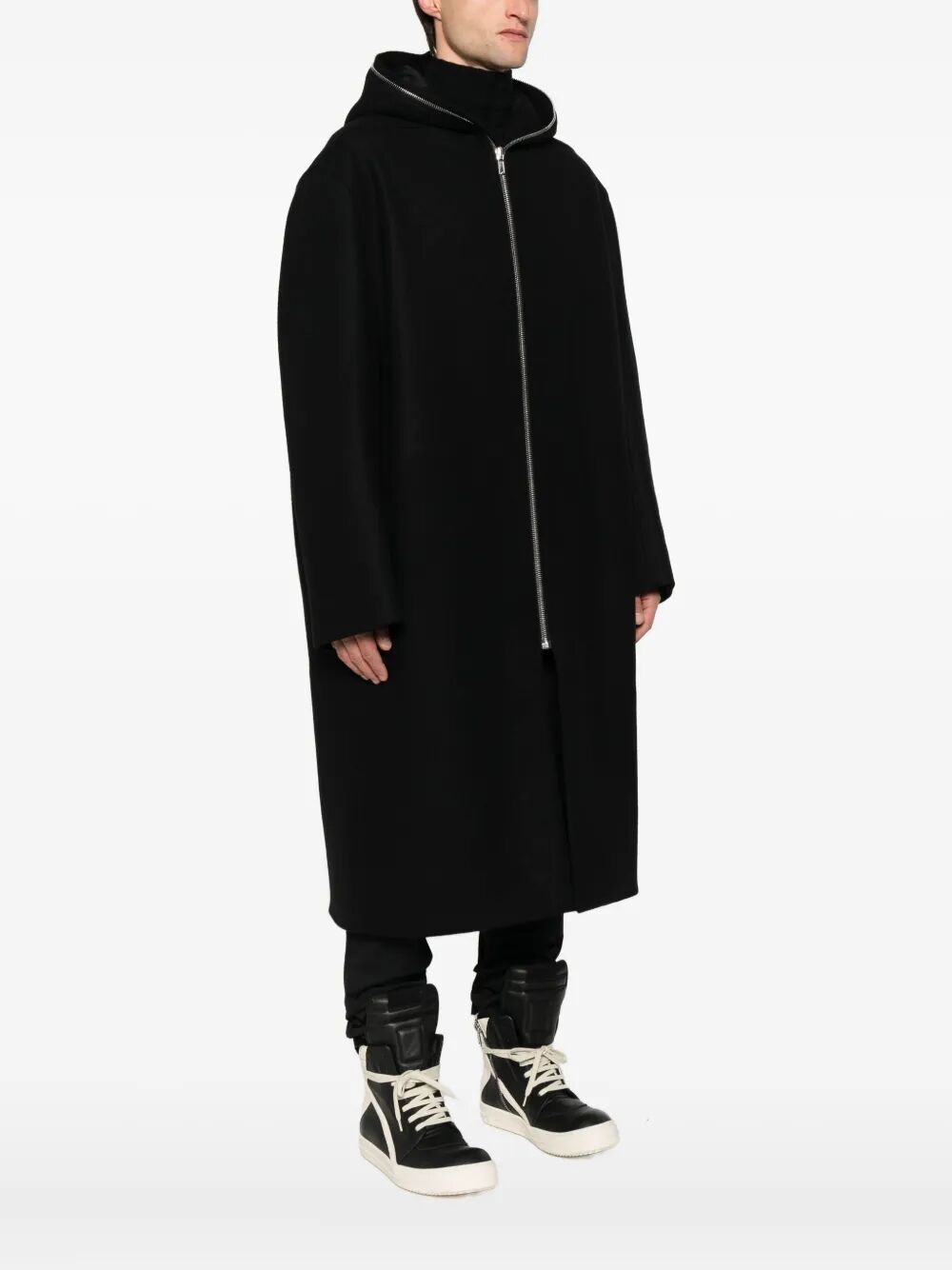RICK OWENS Men's Below Knee Length Wool Gimp Mac Jacket