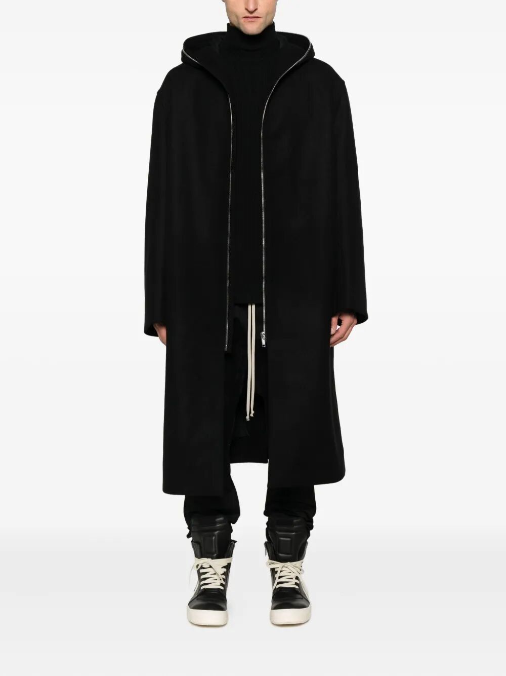 RICK OWENS Men's Below Knee Length Wool Gimp Mac Jacket