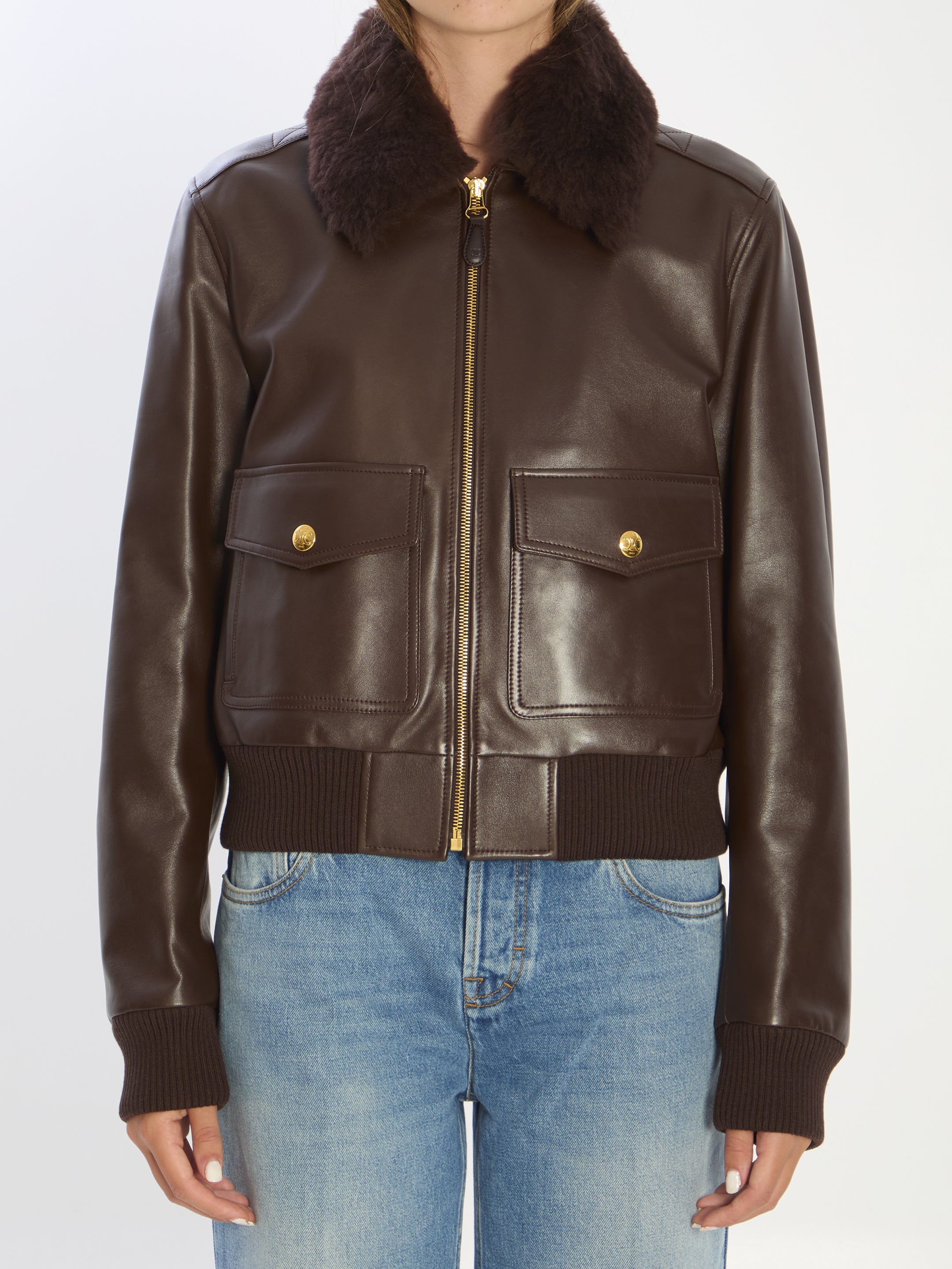 CELINE Aviator Leather Jacket with Removable Shearling Collar - Size 40