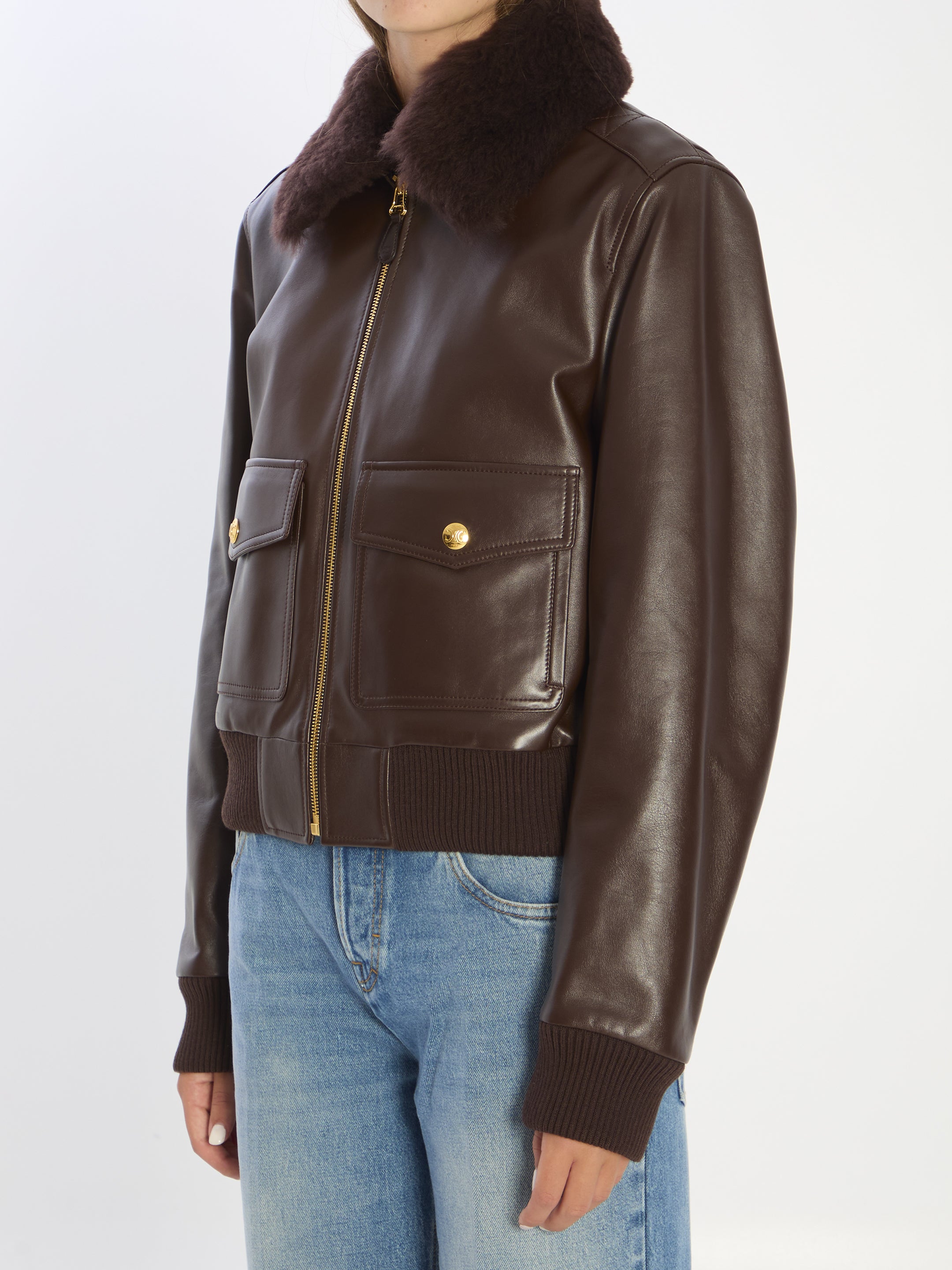 CELINE Aviator Leather Jacket with Removable Shearling Collar - Size 40