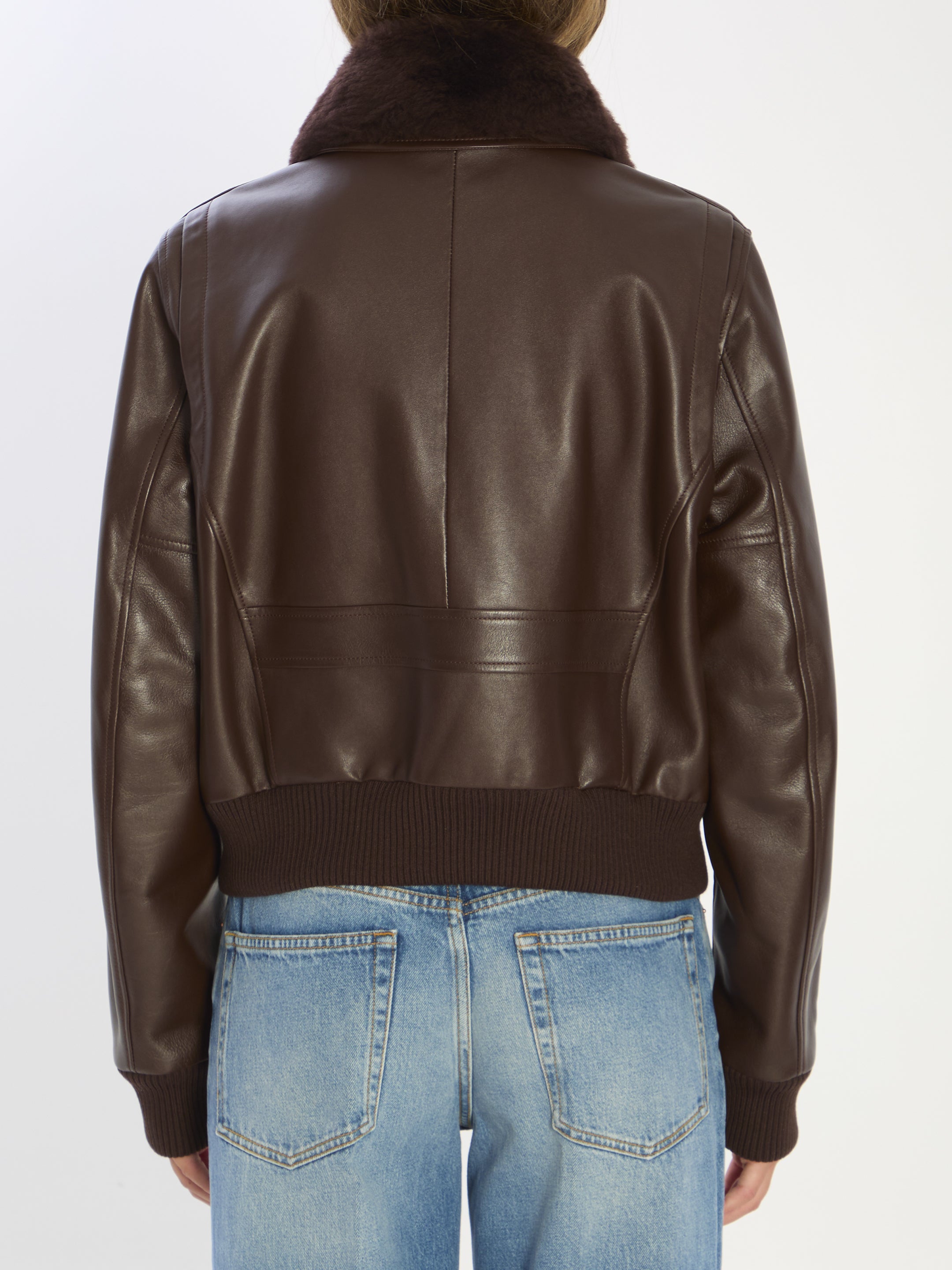 CELINE Aviator Leather Jacket with Removable Shearling Collar - Size 40
