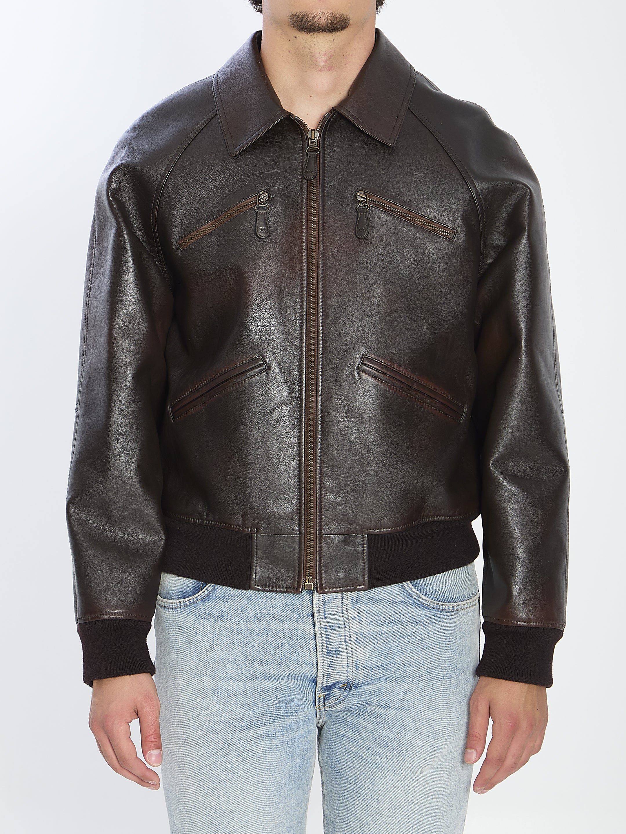 CELINE Men's 100% Leather Bomber Jacket - Classic Fit, Size 50 IT