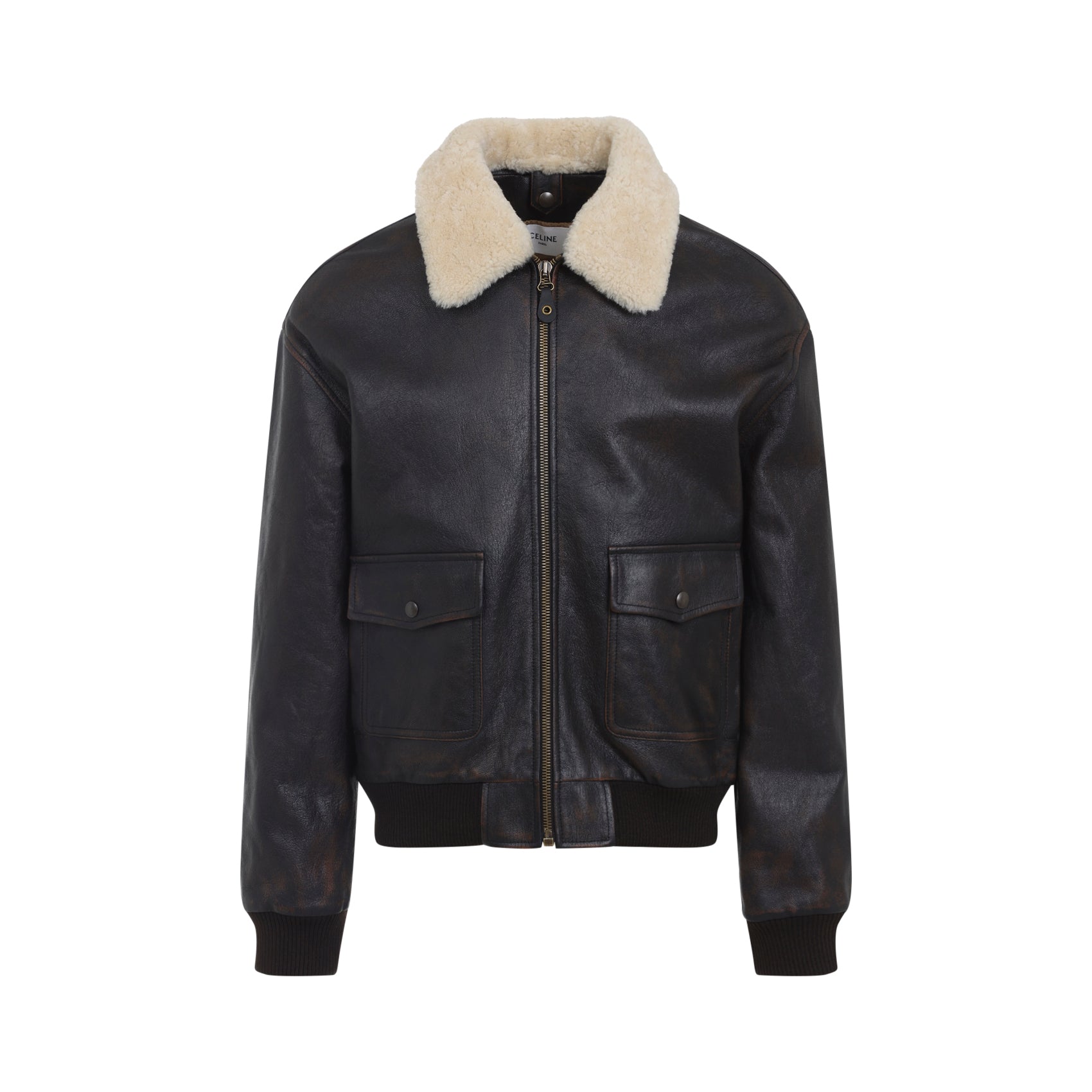 CELINE Men's Lamb Leather Aviator Jacket with Furry Collar