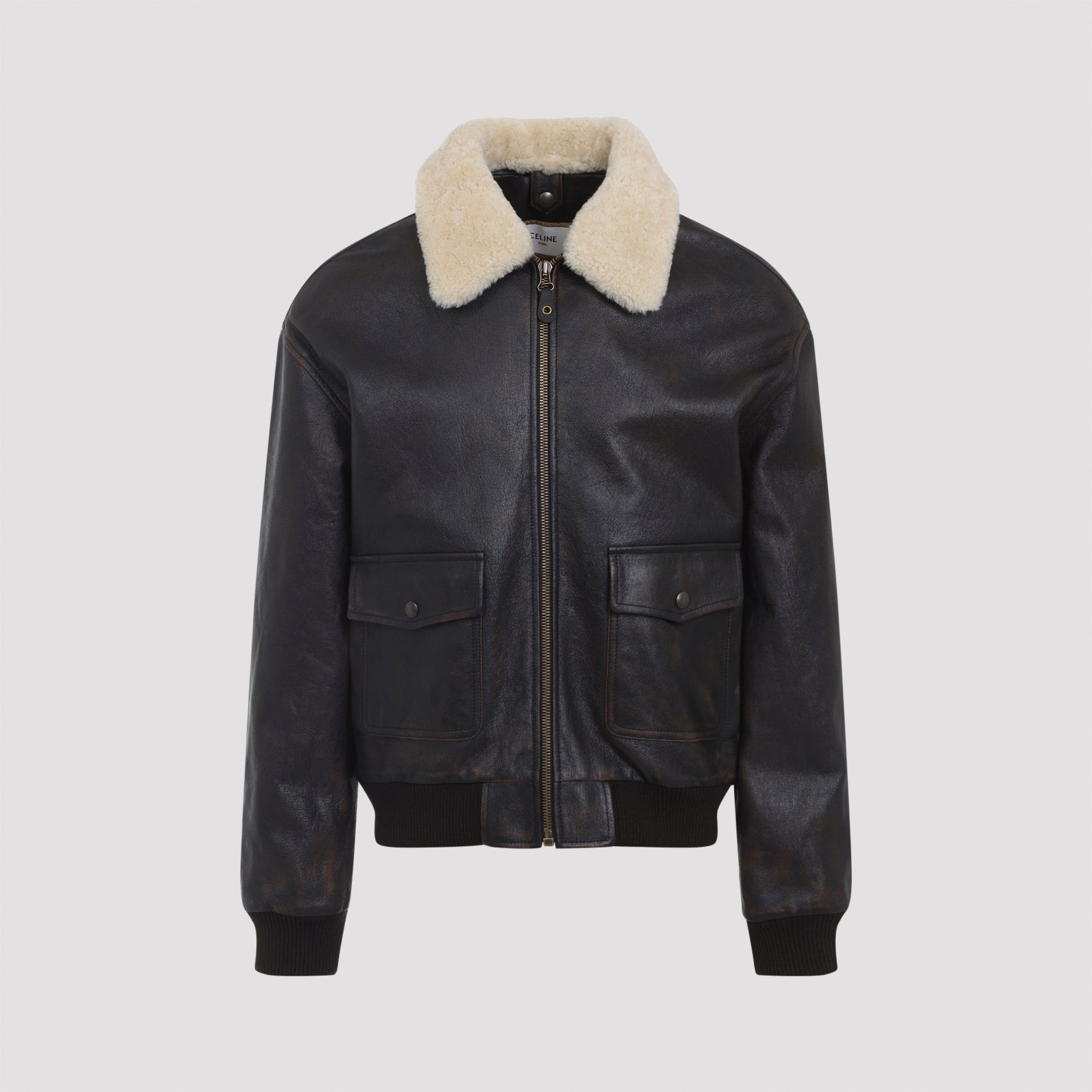 CELINE Men's Lamb Leather Aviator Jacket with Furry Collar