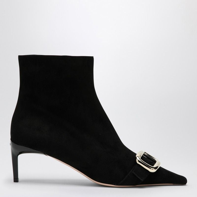 ROGER VIVIER Pointed Design Suede Ankle Boots with Metal Buckle