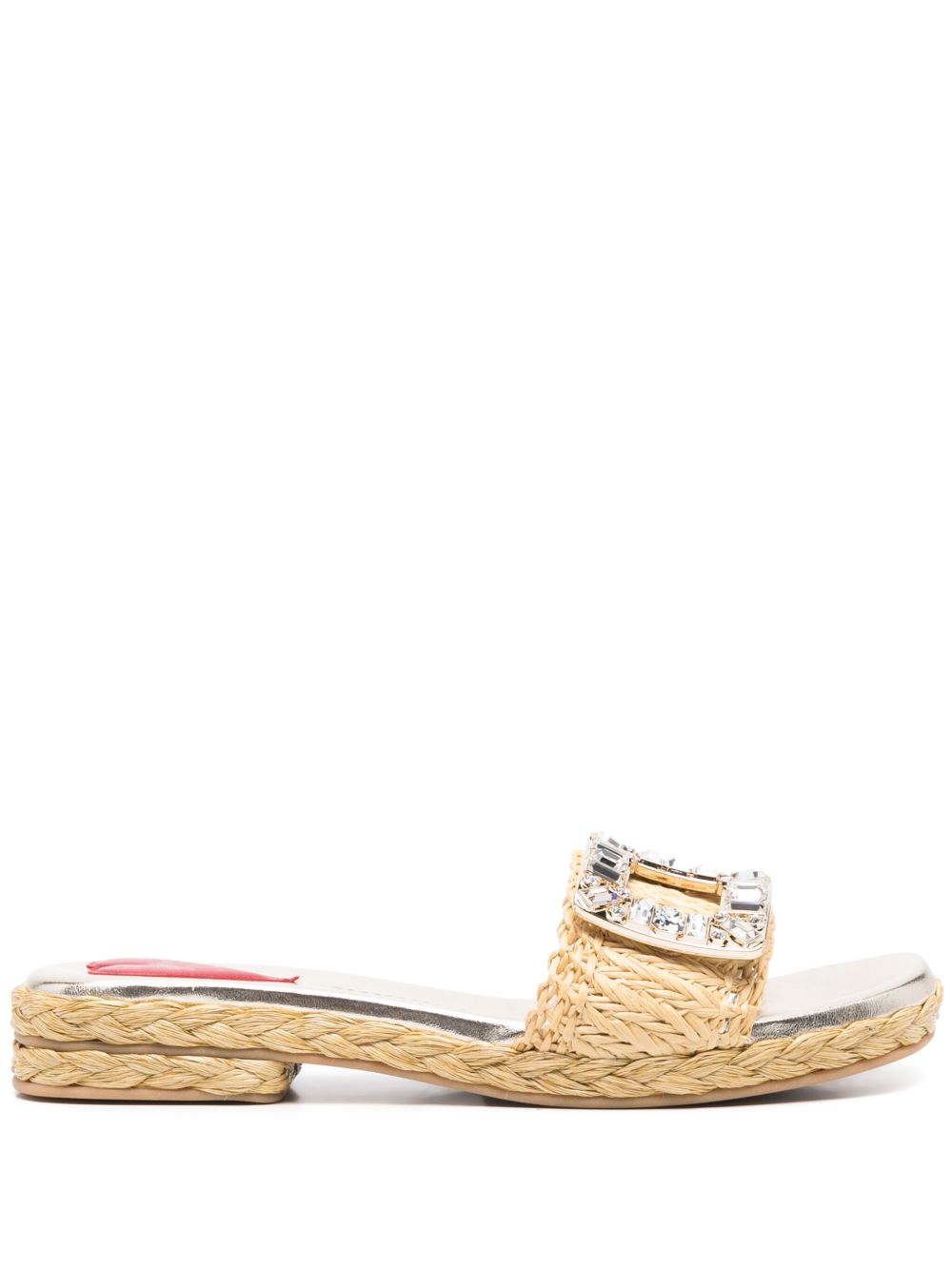 ROGER VIVIER Strass Buckle Raffia Flat Sandals 25