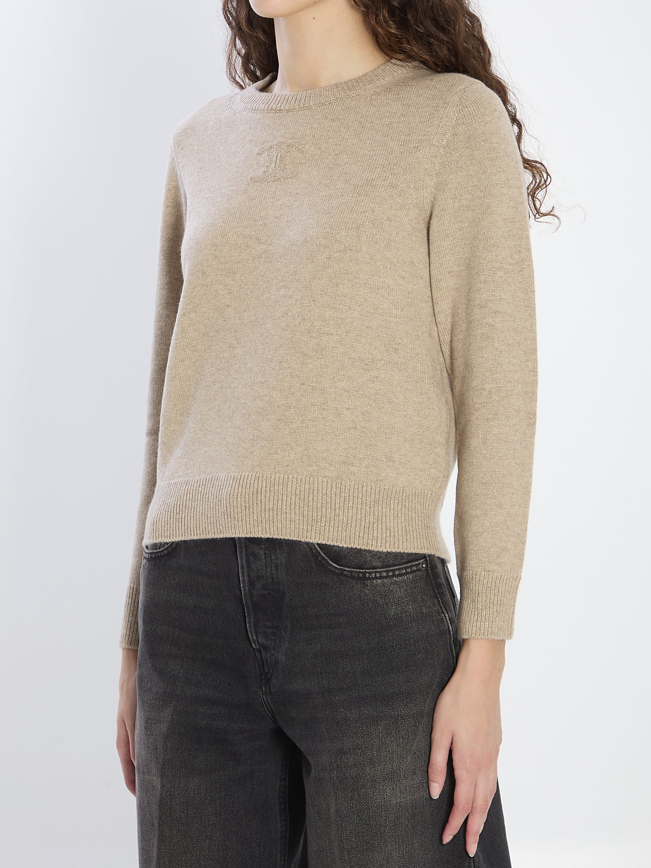 CELINE Cropped Cashmere Sweater with Embroidered Logo - Women's