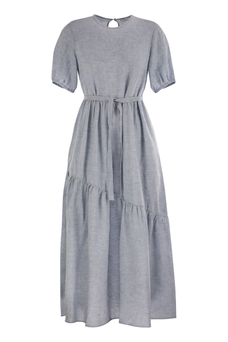 PESERICO Pure Linen Long Dress with Gathered Sleeves
