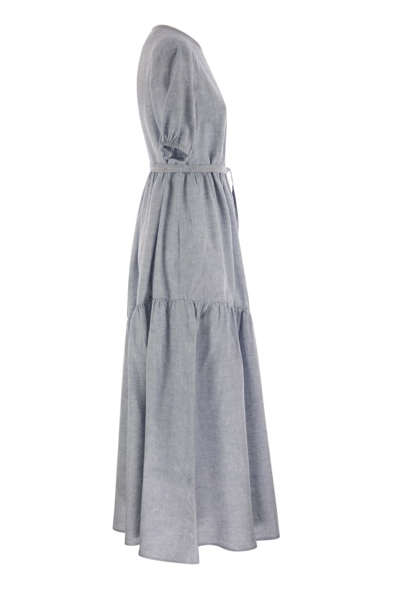 PESERICO Pure Linen Long Dress with Gathered Sleeves