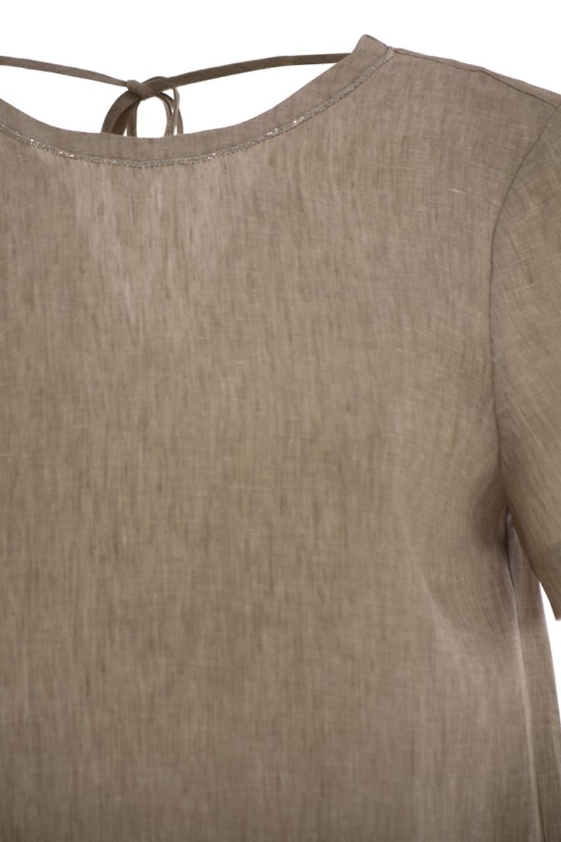 PESERICO Linen Midi Dress with Short Sleeves and Scoop Neck