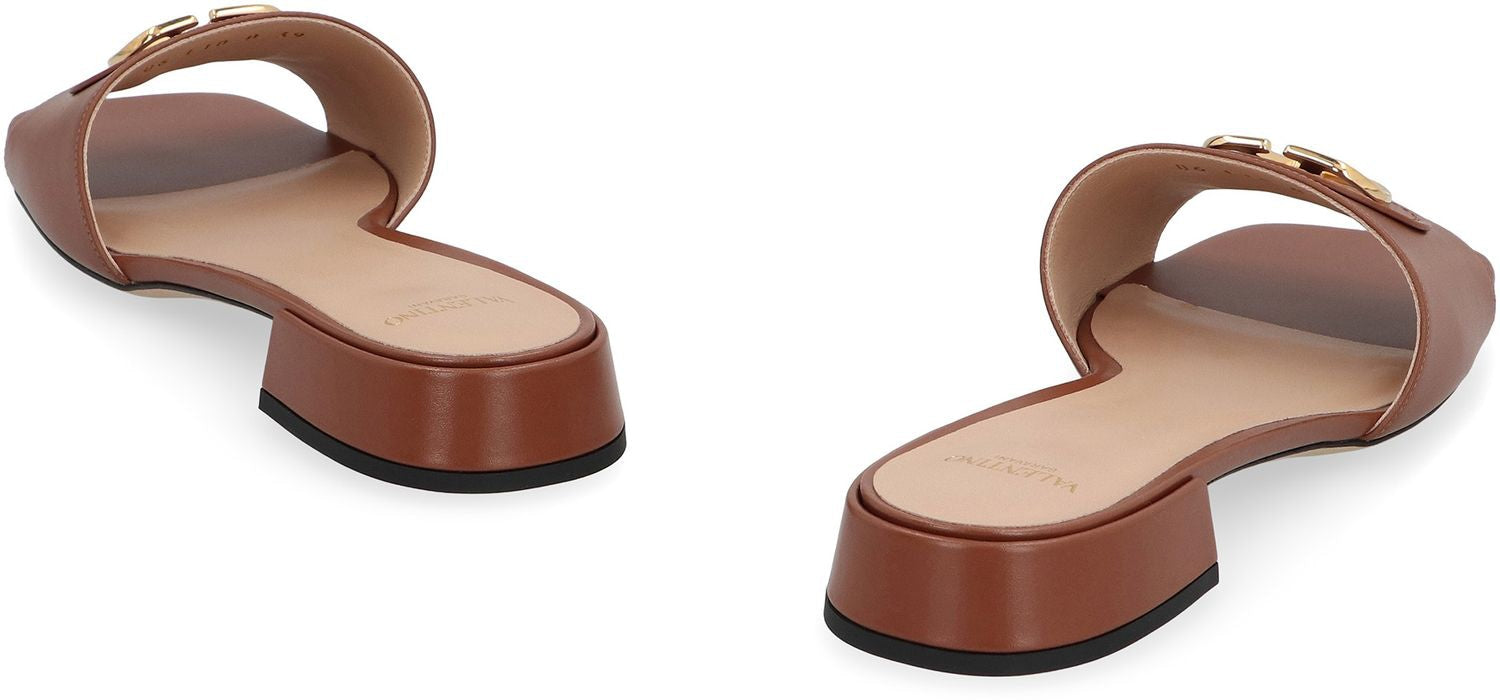 VALENTINO Signature Leather Slide Sandals - Square Toeline