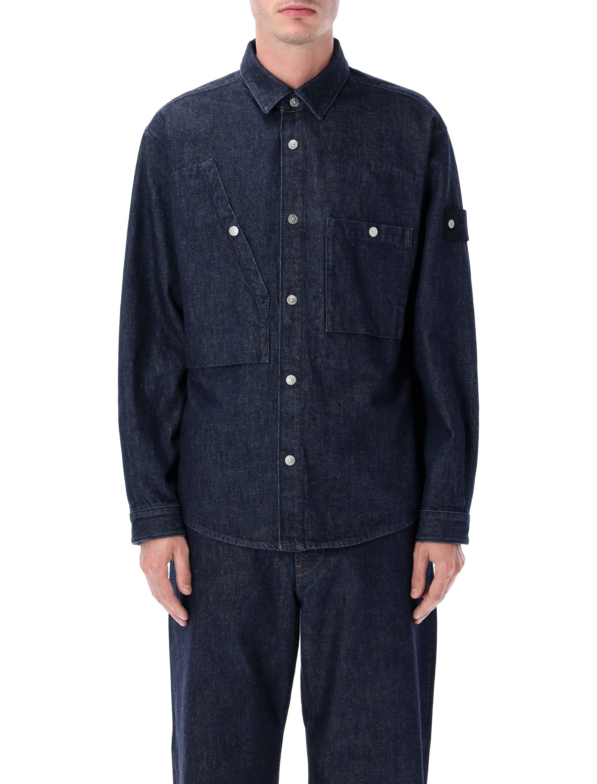 STONE ISLAND Men's Denim-Rinsed Overshirt with Bellows Pockets - Size L