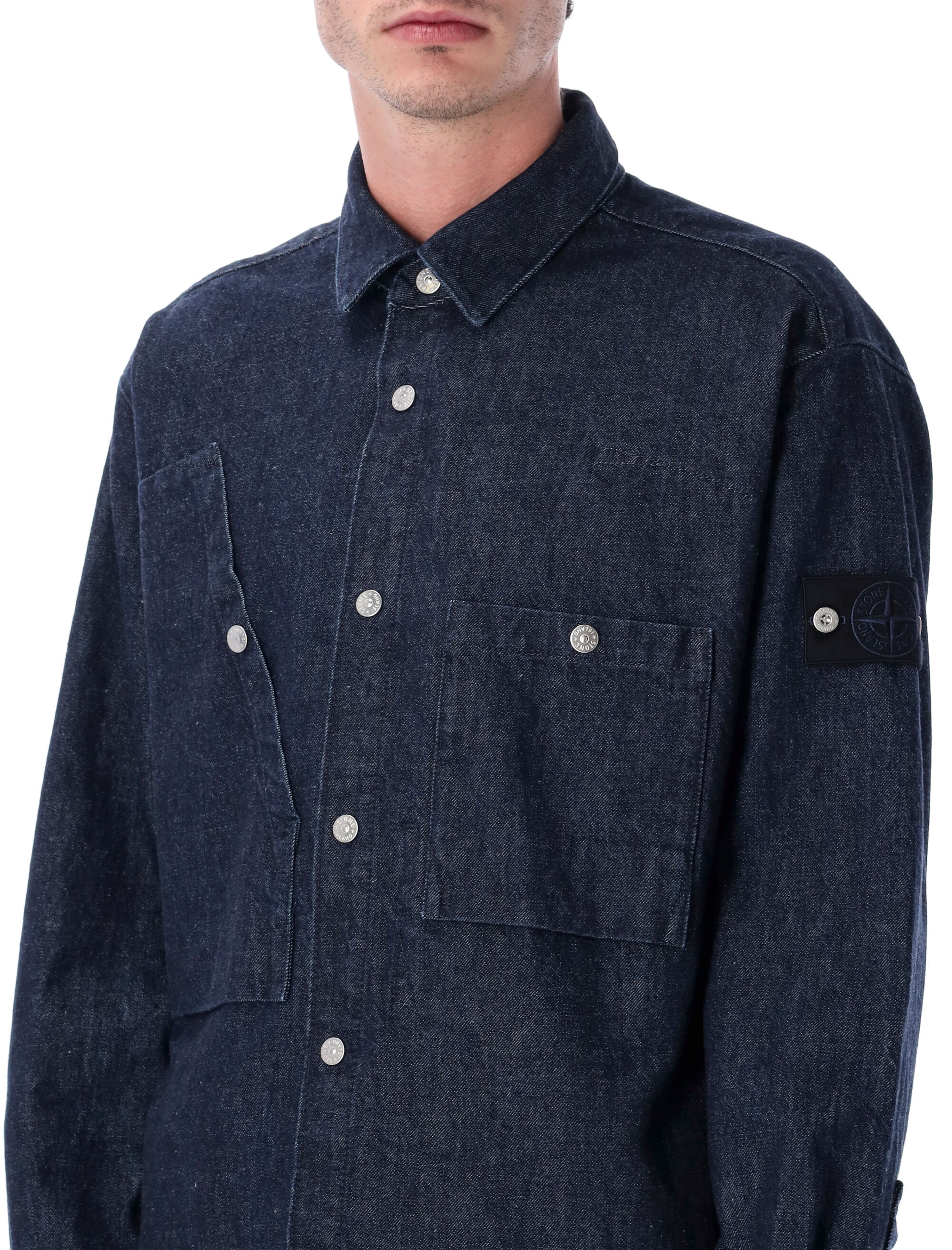 STONE ISLAND Men's Denim-Rinsed Overshirt with Bellows Pockets - Size L