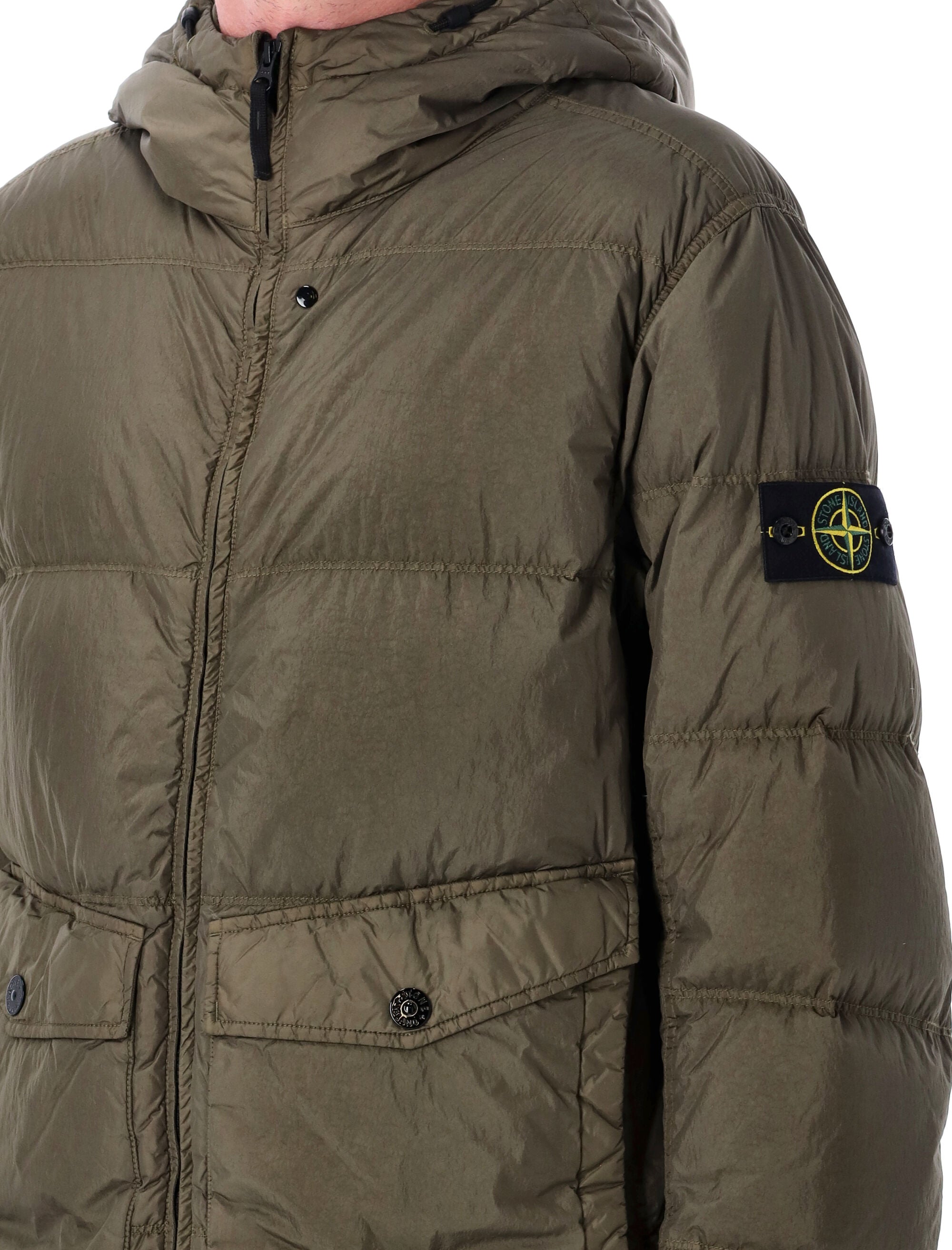 STONE ISLAND Hooded Down Jacket with Crinkle Fabric - Size L