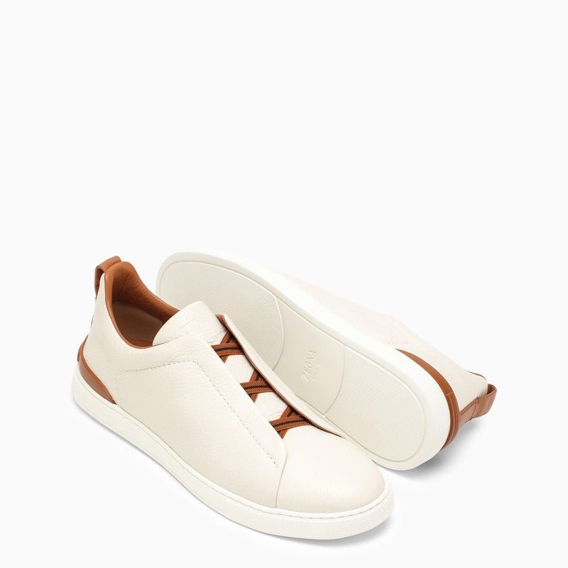 ZEGNA White Leather Triple Stitch Low-Top Slip-On Sneakers
