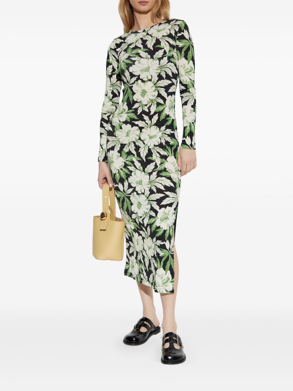 LOEWE Floral Print Crew Neck Dress with Side Slits