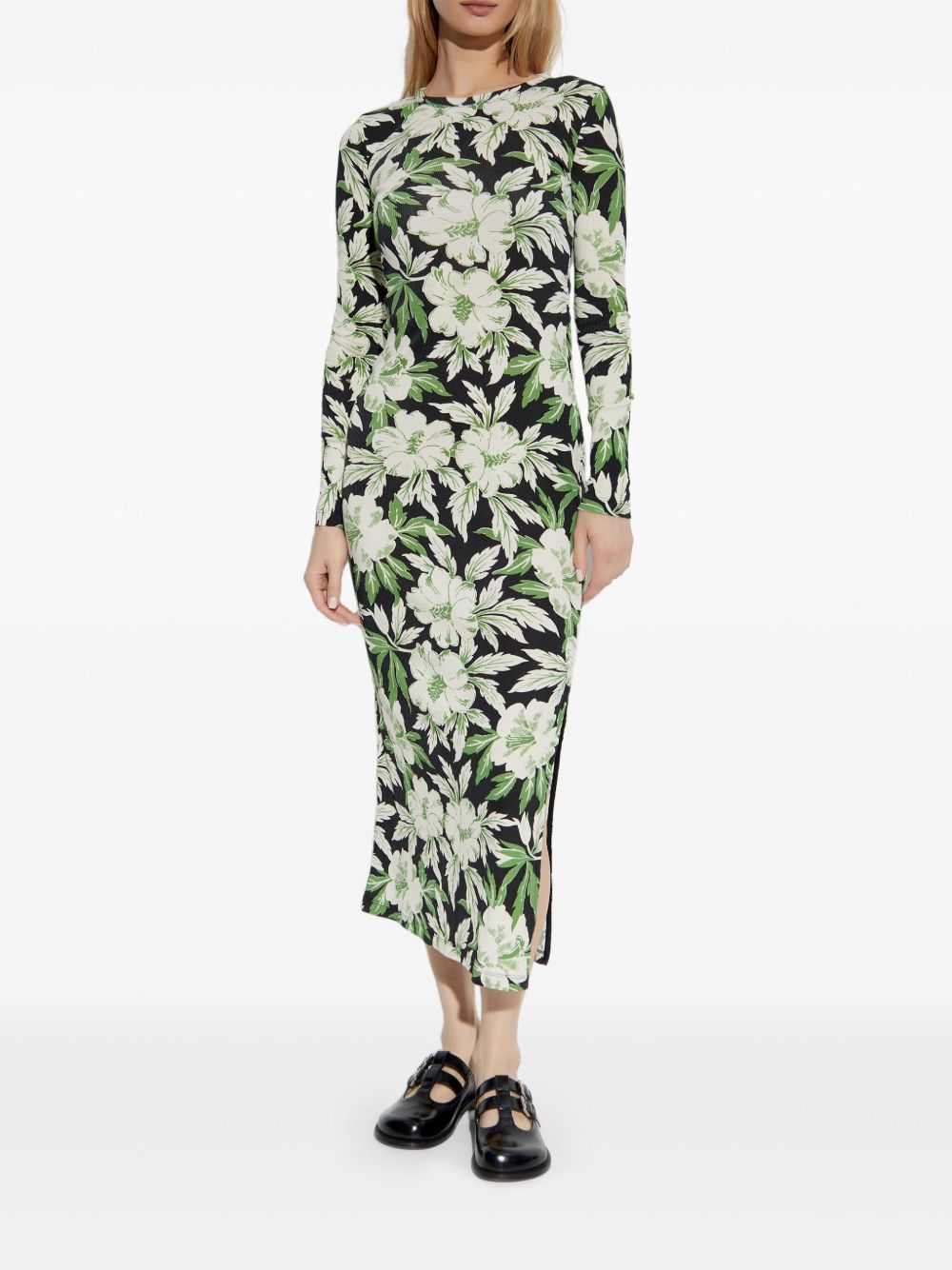 LOEWE Floral Print Crew Neck Dress with Side Slits
