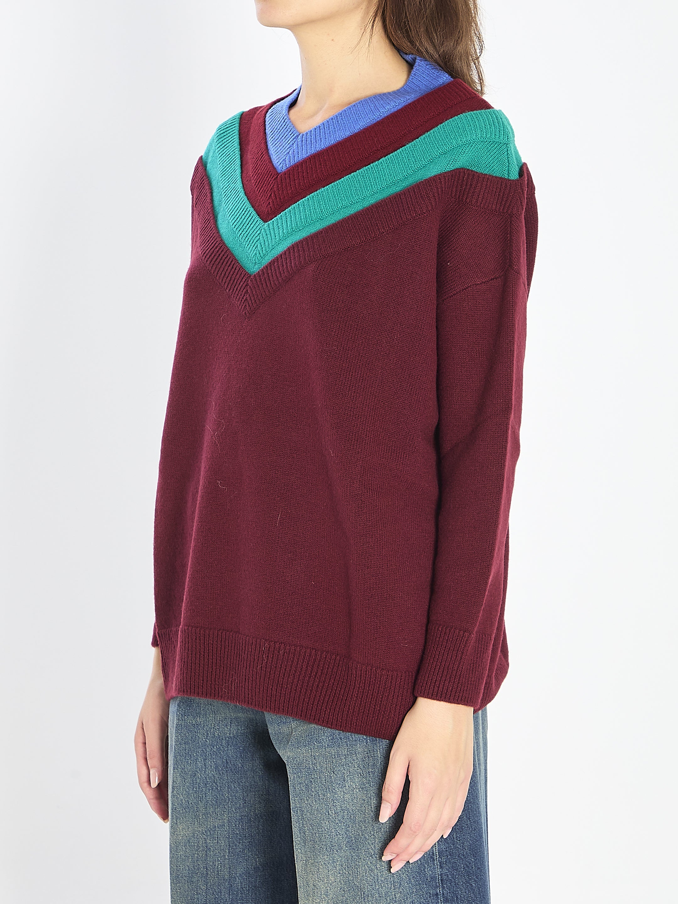 LOEWE Layered V-Neck Sweater with Leather Detail, Regular Fit