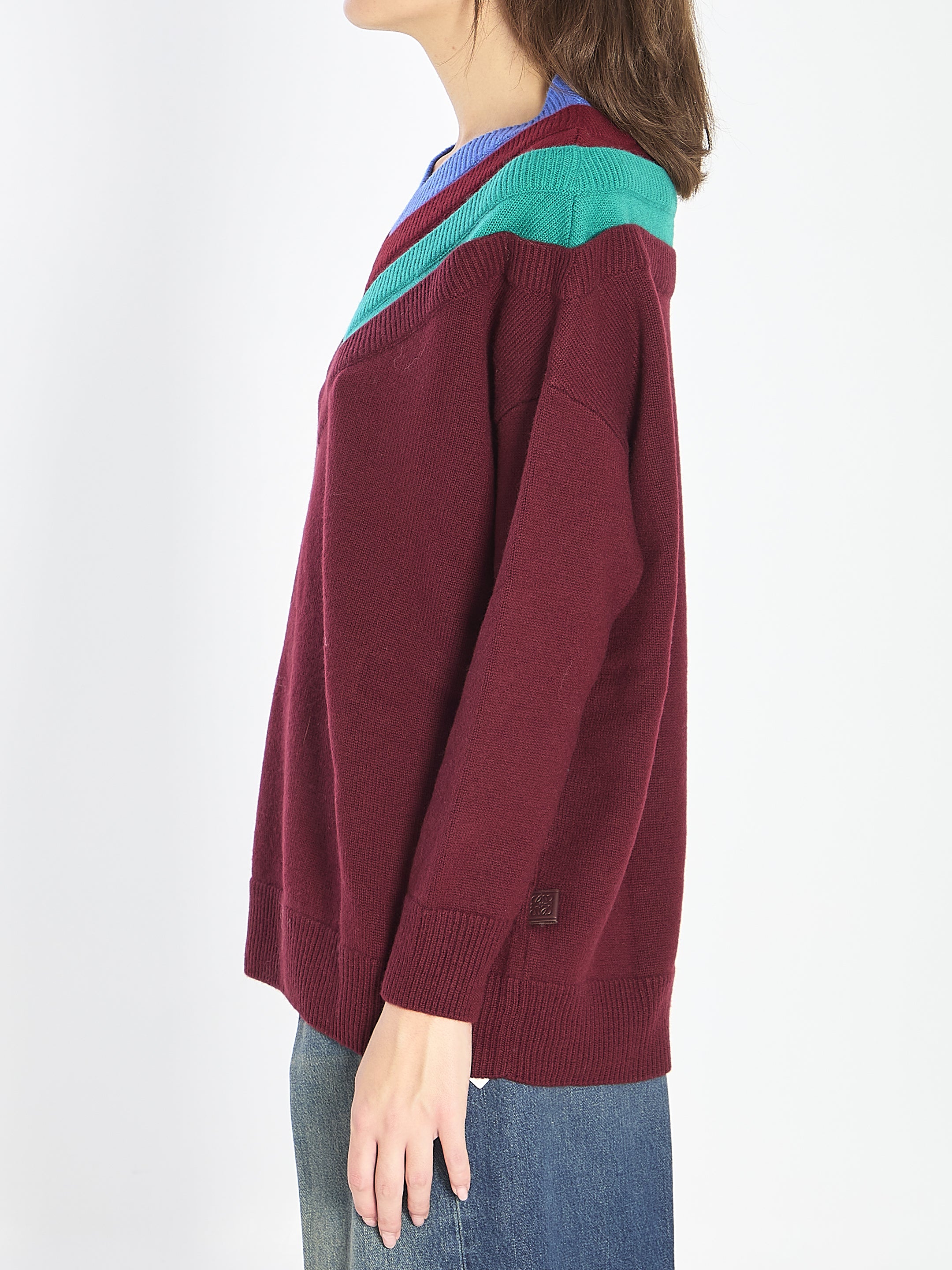 LOEWE Layered V-Neck Sweater with Leather Detail, Regular Fit