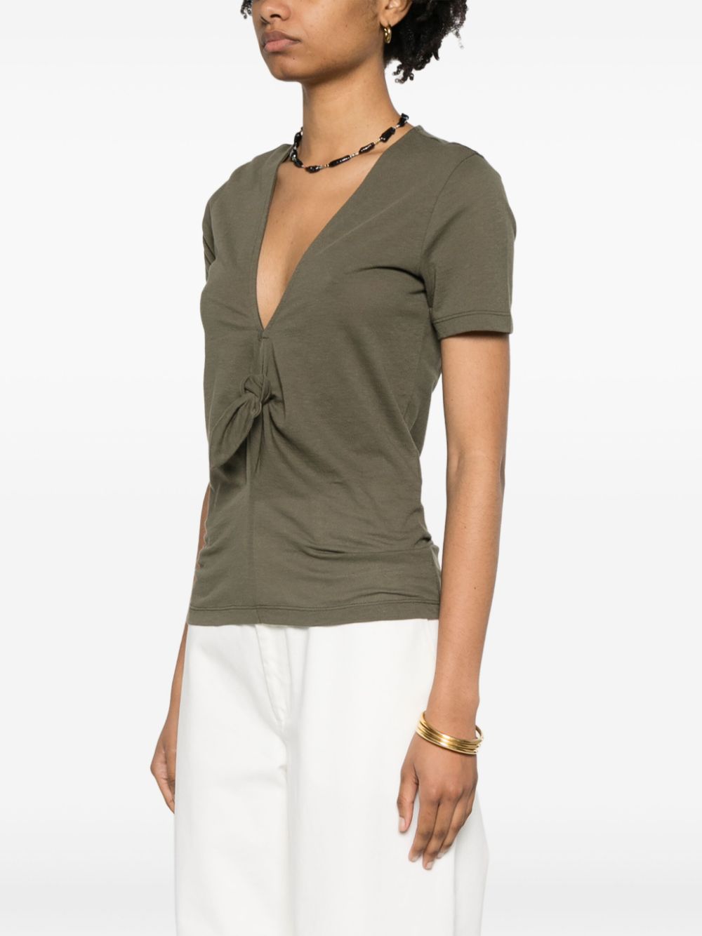 LOEWE Cotton Blend V-Neck T-Shirt with Knot Detail - Women’s
