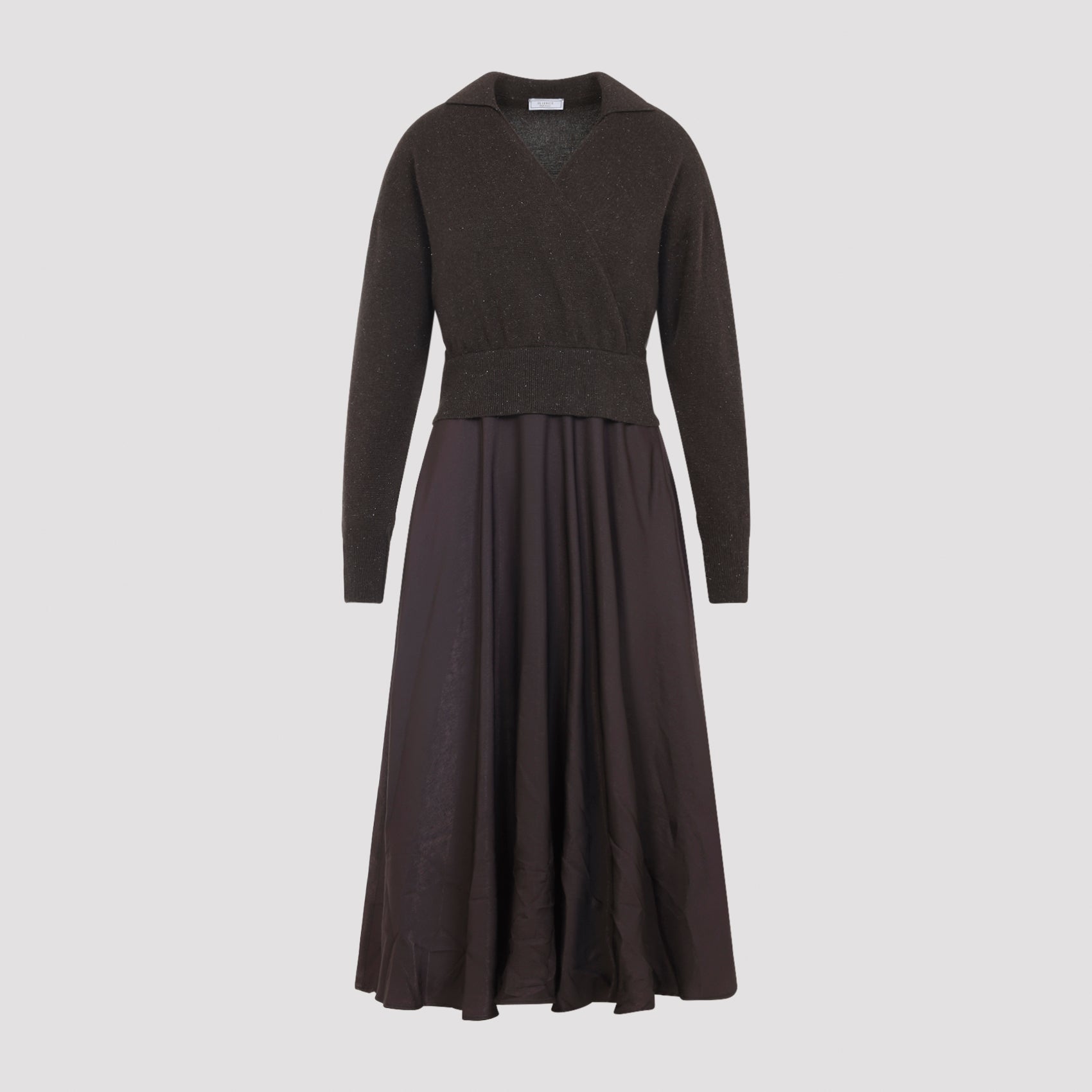 PESERICO Virgin Wool Two-Fabrics Dress with V-Neck and A-Line Skirt
