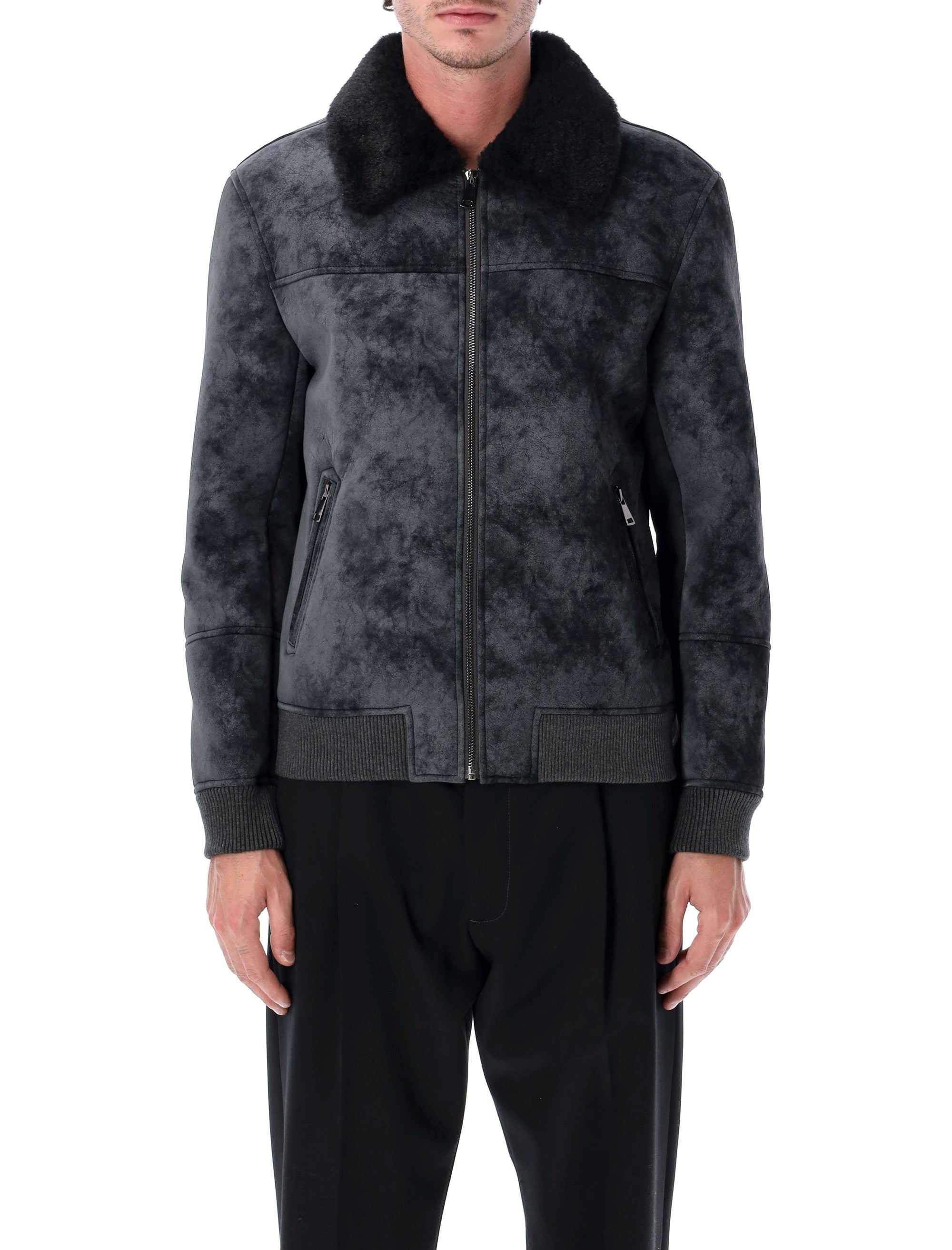 SWORD Eco-Leather Biker Jacket with Shearling Collar - Size 48