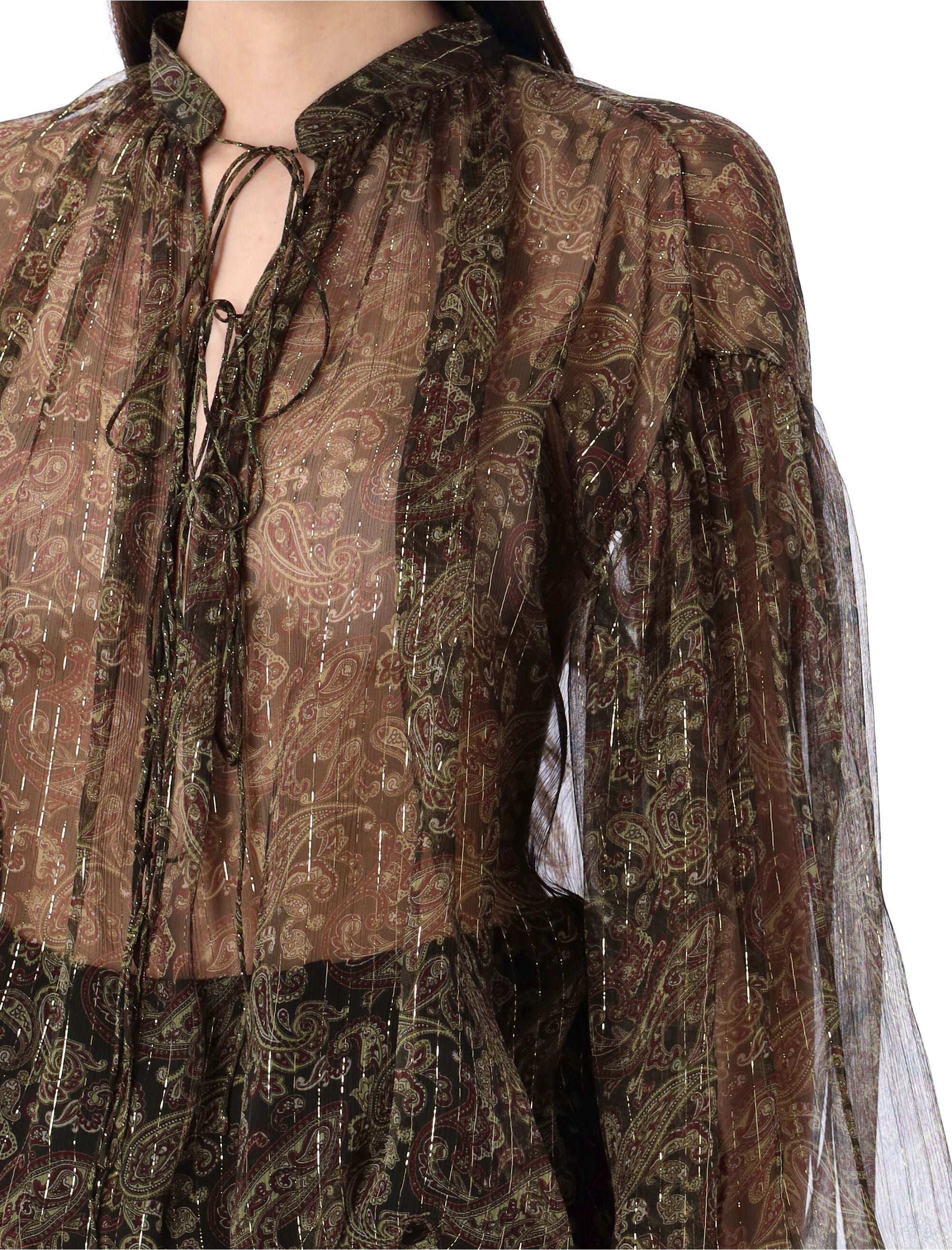 SAINT LAURENT PARIS Cashmere Print Blouse with Band Collar and Tie Details