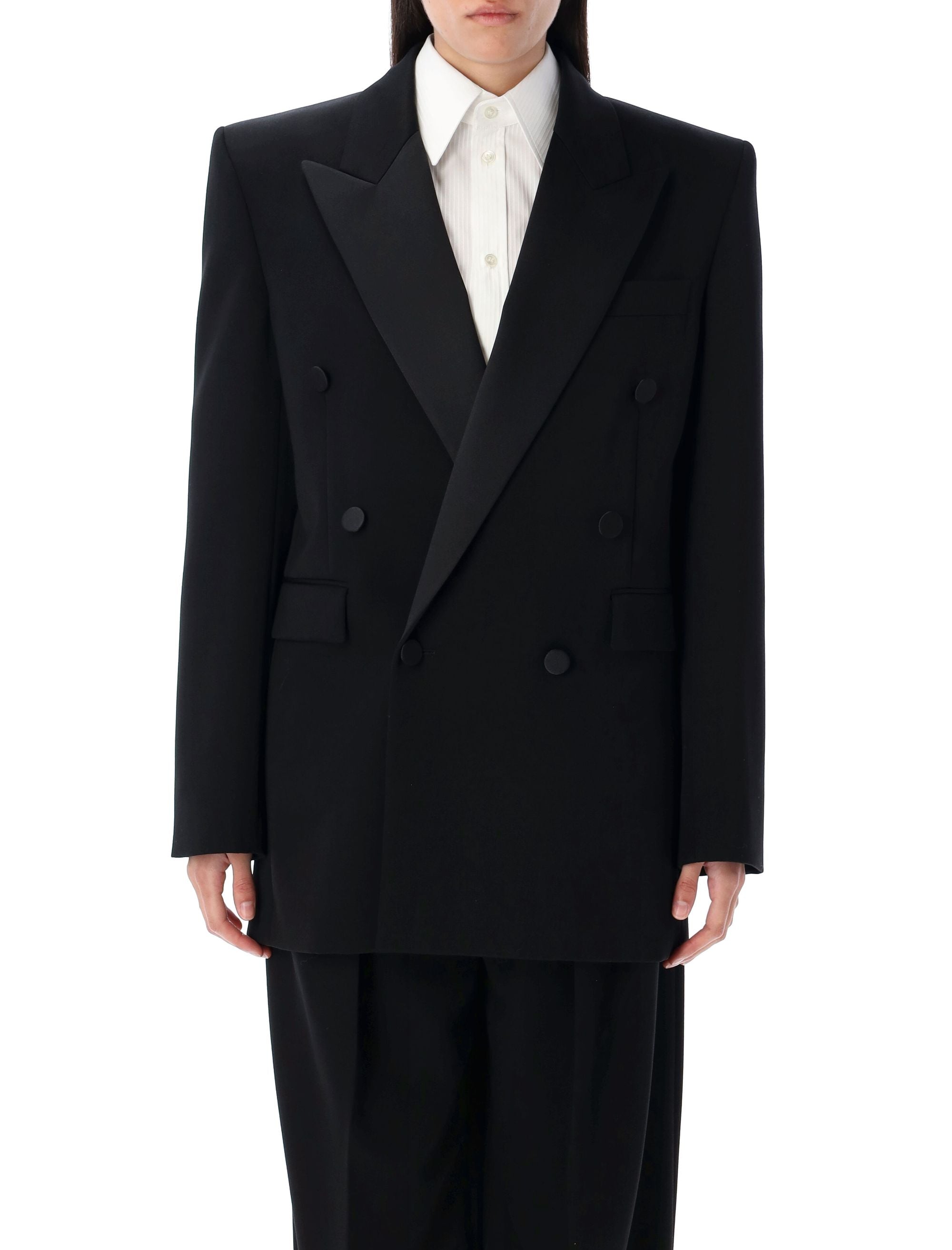SAINT LAURENT PARIS Double-Breasted Tuxedo Jacket in Size 36