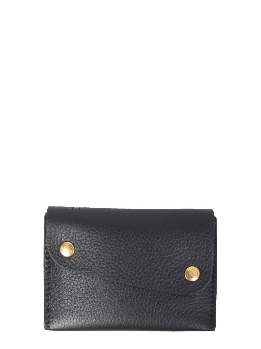 IL BISONTE Mini Leather Card Holder with Snap Button Closure