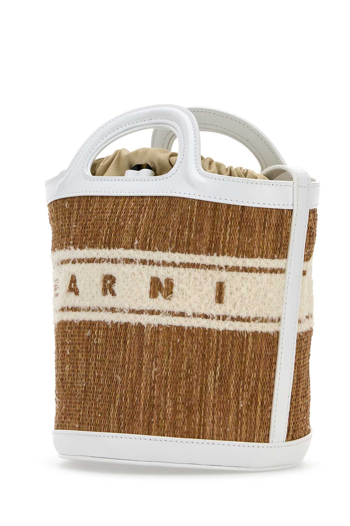 MARNI Mini Two-Tone Raffia and Leather Tropical Bucket Handbag