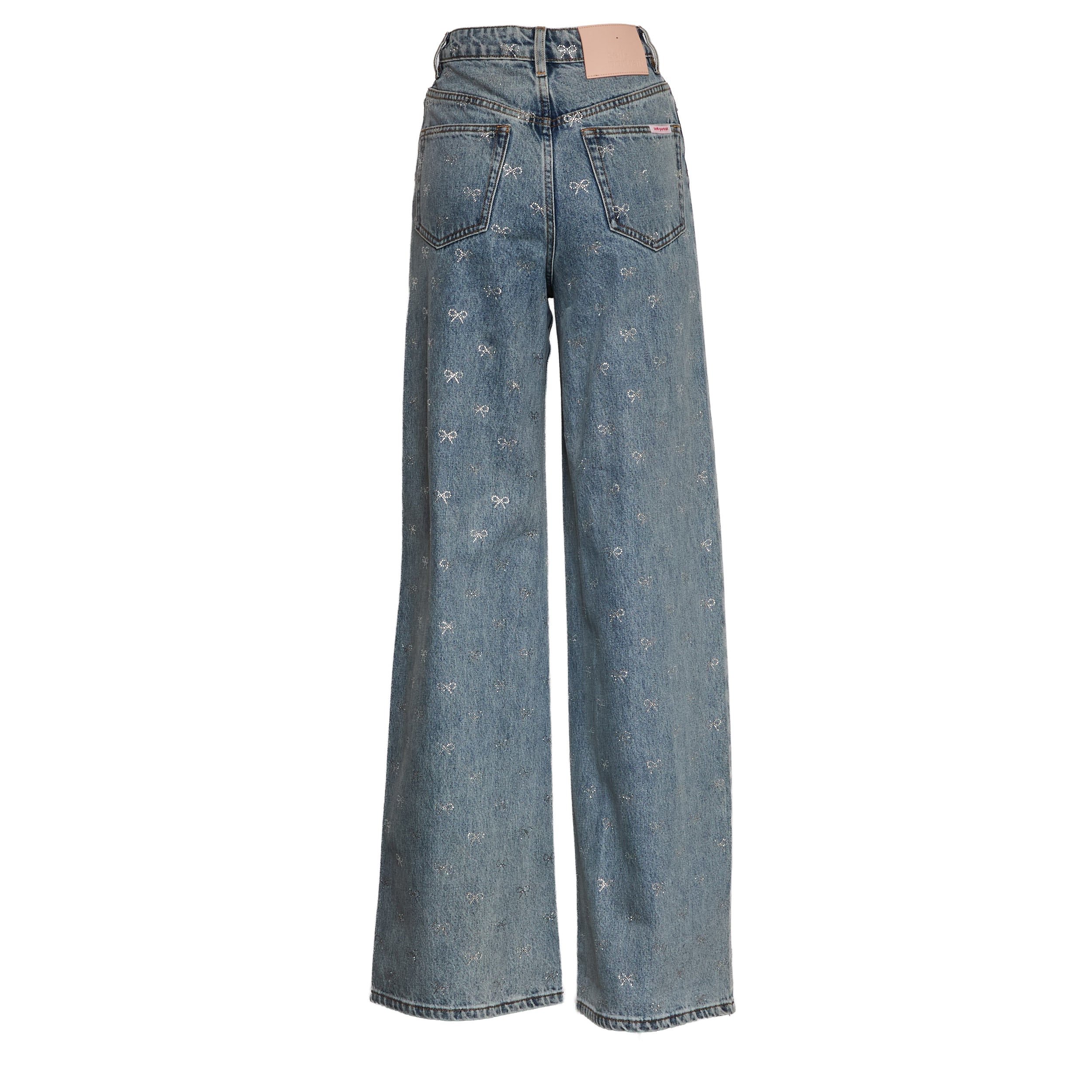 SELF-PORTAIT High-Waisted Diamante Bow Wide Leg Jeans