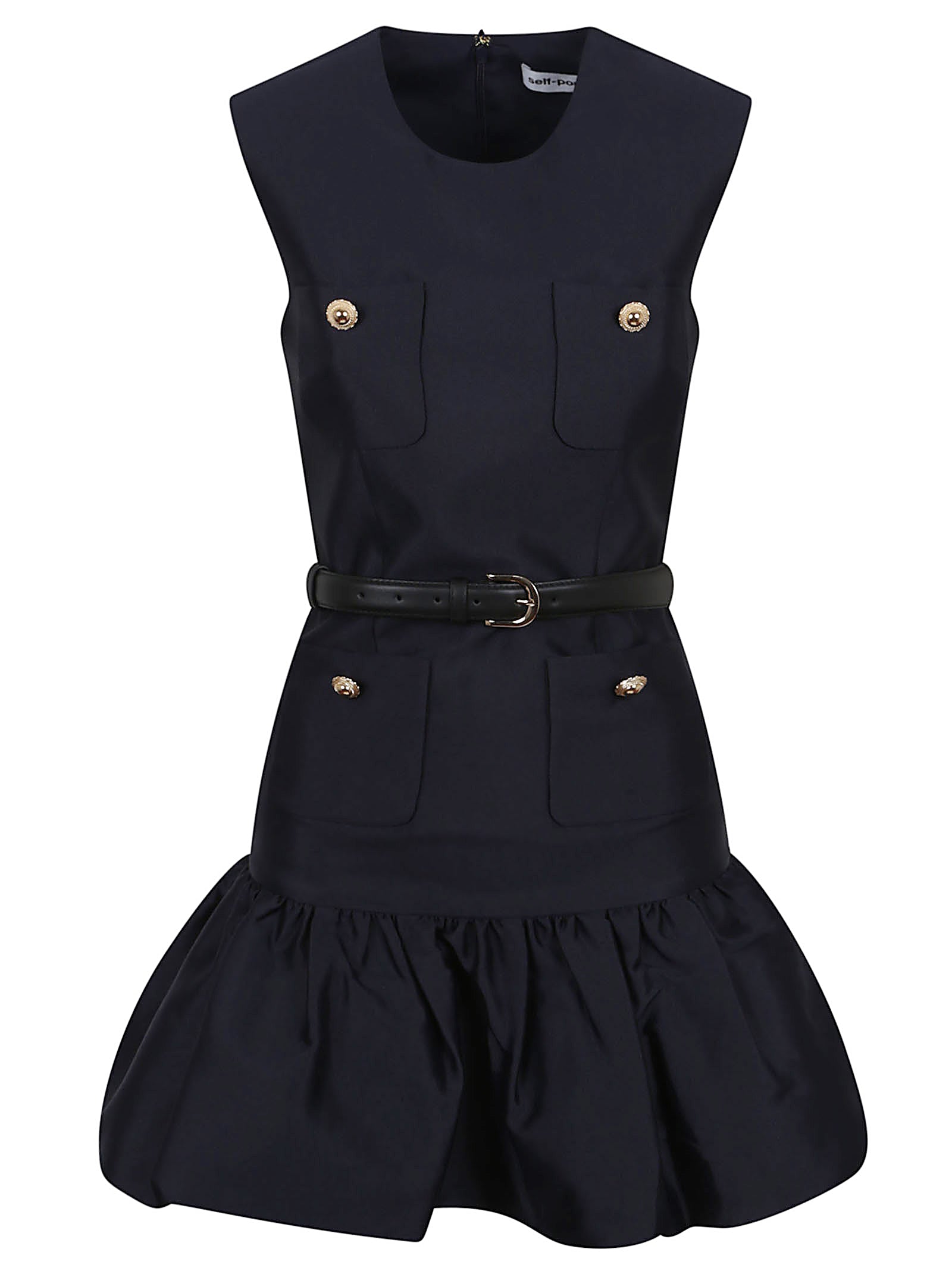 SELF PORTRAIT Taffeta Mini Dress with Puffed Skirt and Belted Waist
