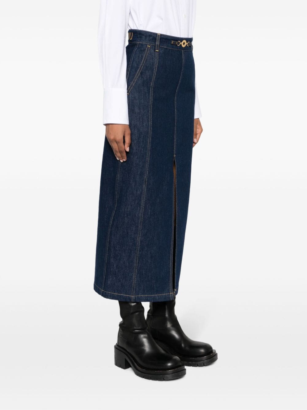PATOU High-Waisted Denim Skirt with Gold-Tone Engraved Medallion