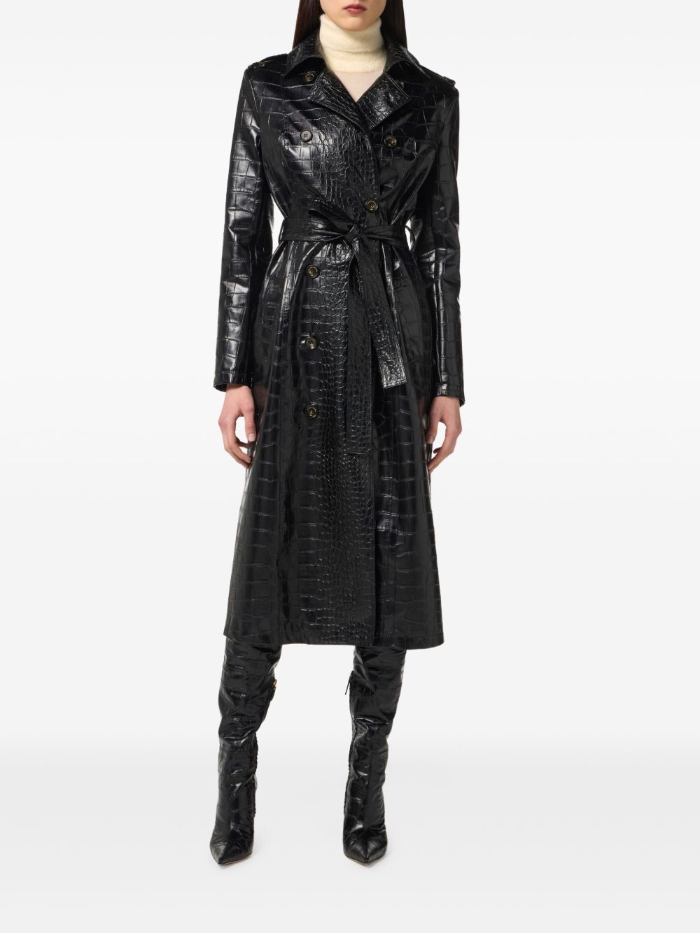 ELISABETTA FRANCHI Long Trench Jacket with Crocodile Effect