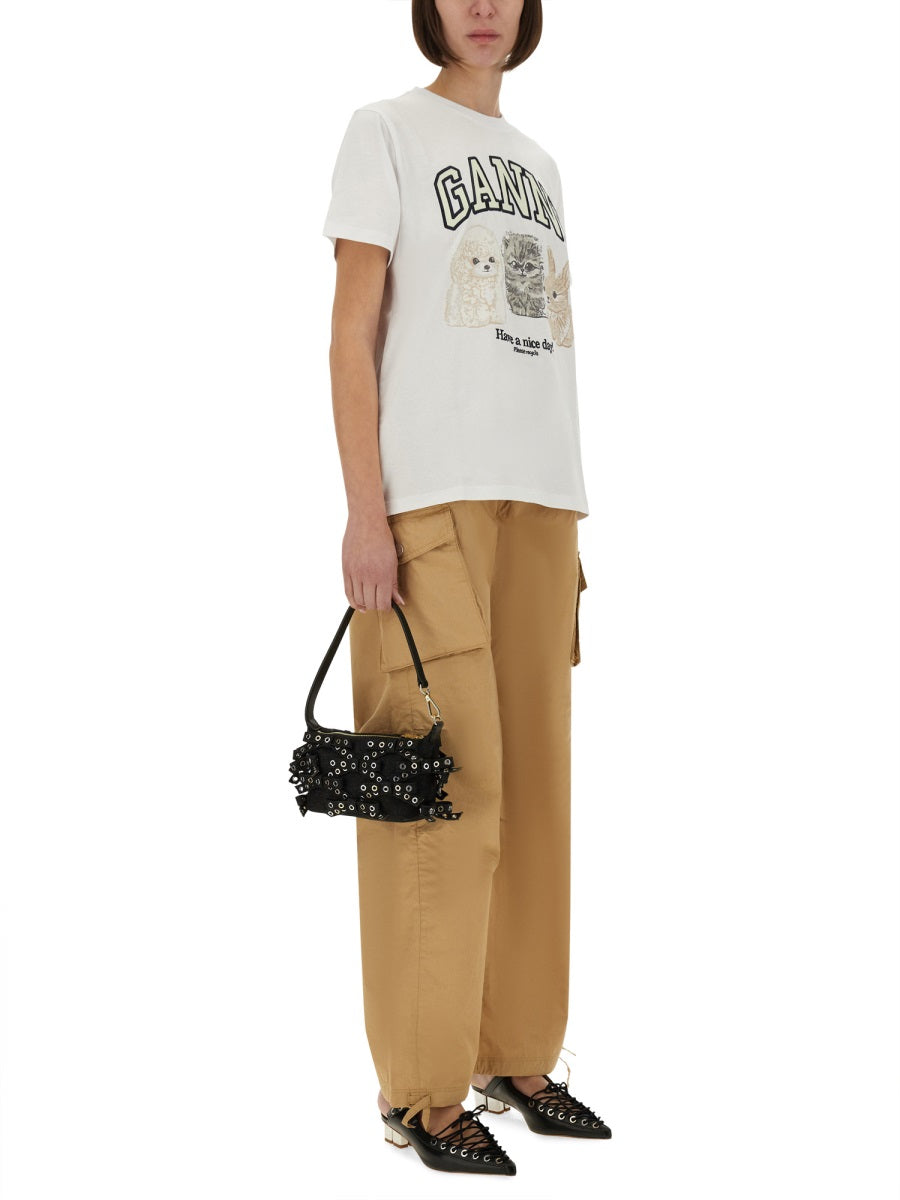 GANNI Embroidered Logo Crew Neck T-Shirt for Women