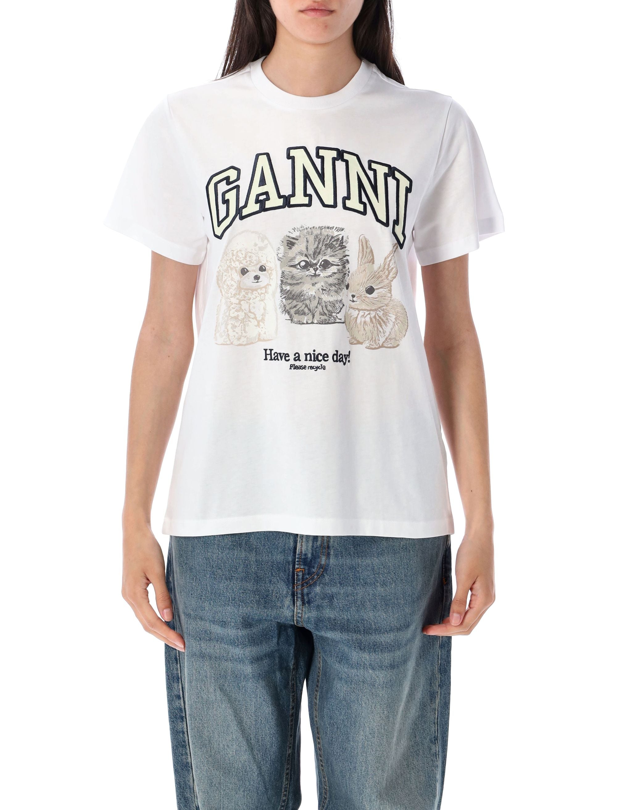GANNI Relaxed Fit T-Shirt with Logo Print and Cat Design