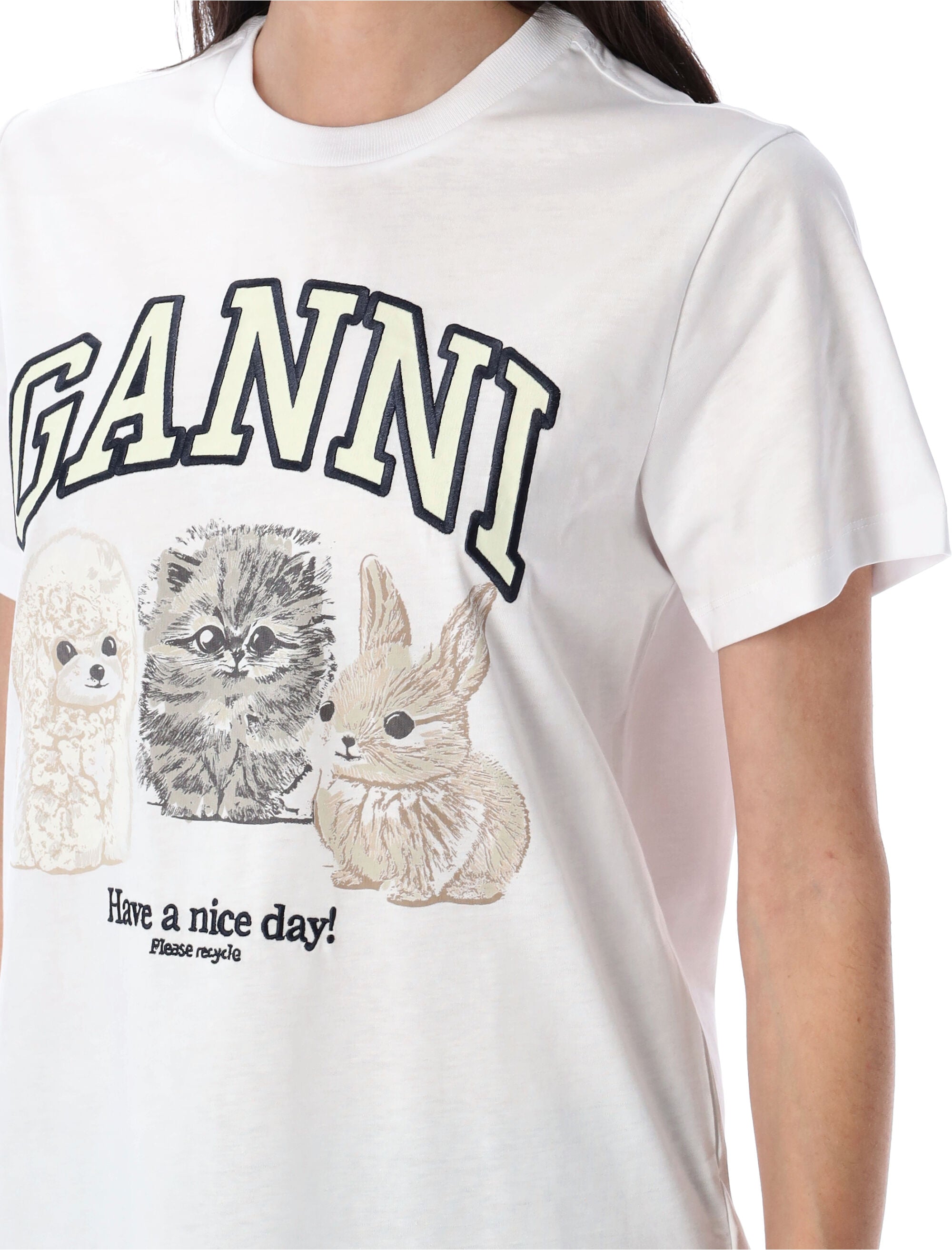 GANNI Relaxed Fit T-Shirt with Logo Print and Cat Design