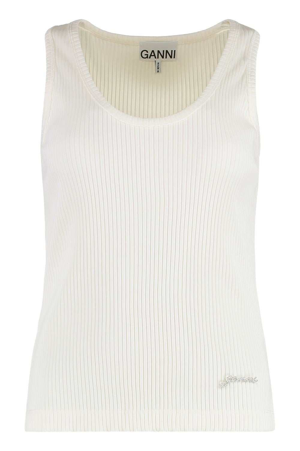 GANNI Organic Cotton Tank Top with Logo Safety-Pin Detail