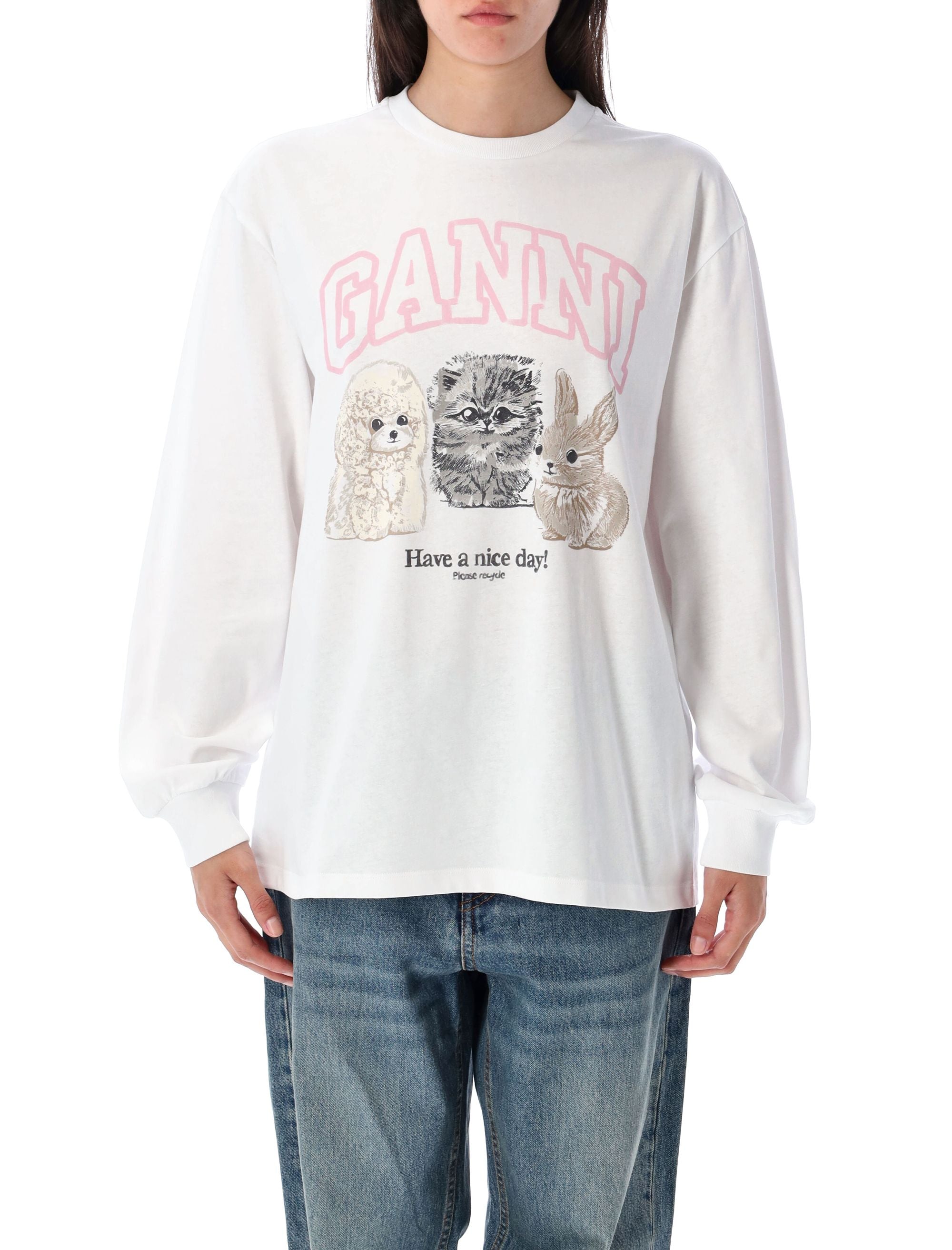 GANNI Relaxed Fit Organic Cotton Sweater with Logo and Cat Prints