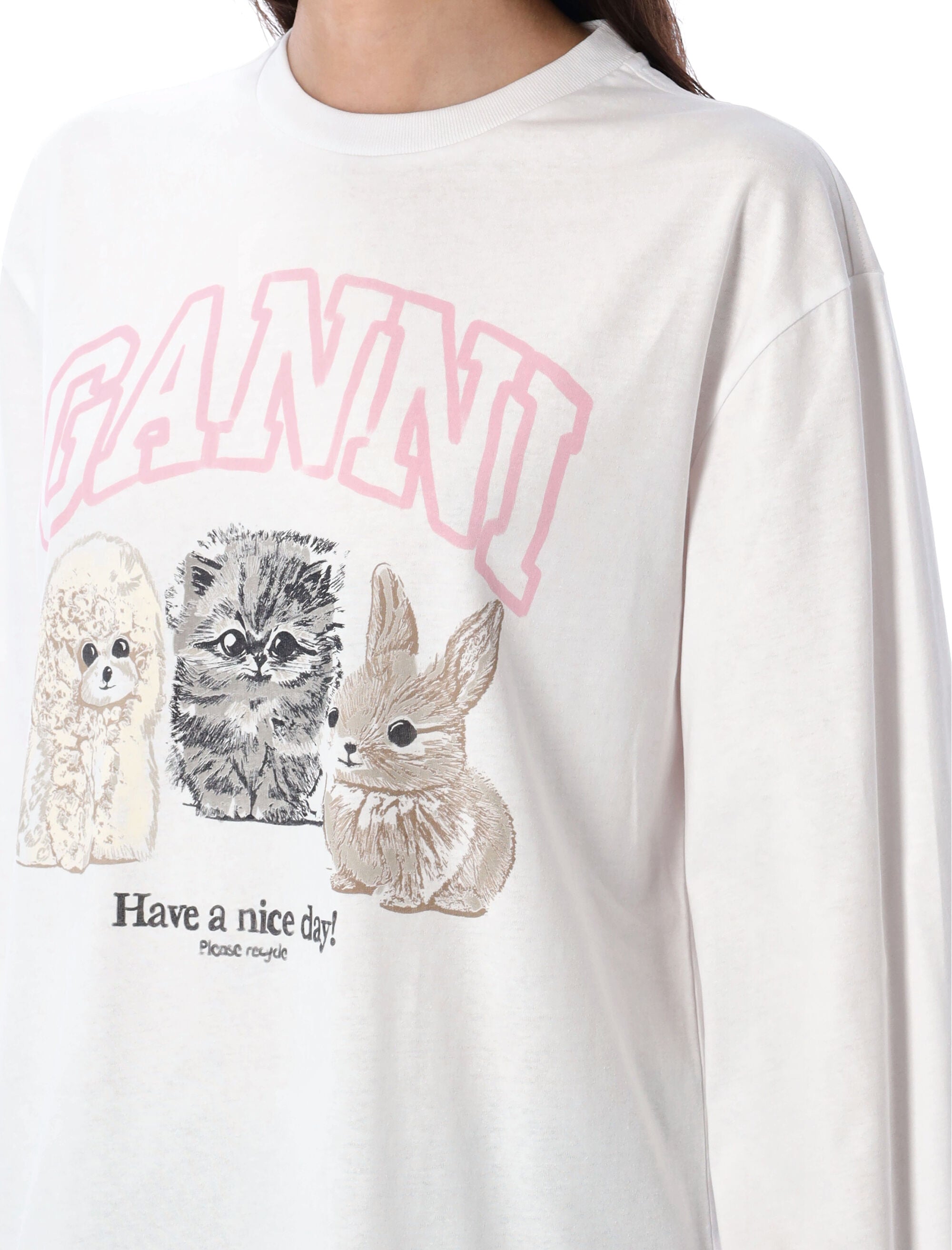 GANNI Relaxed Fit Organic Cotton Sweater with Logo and Cat Prints