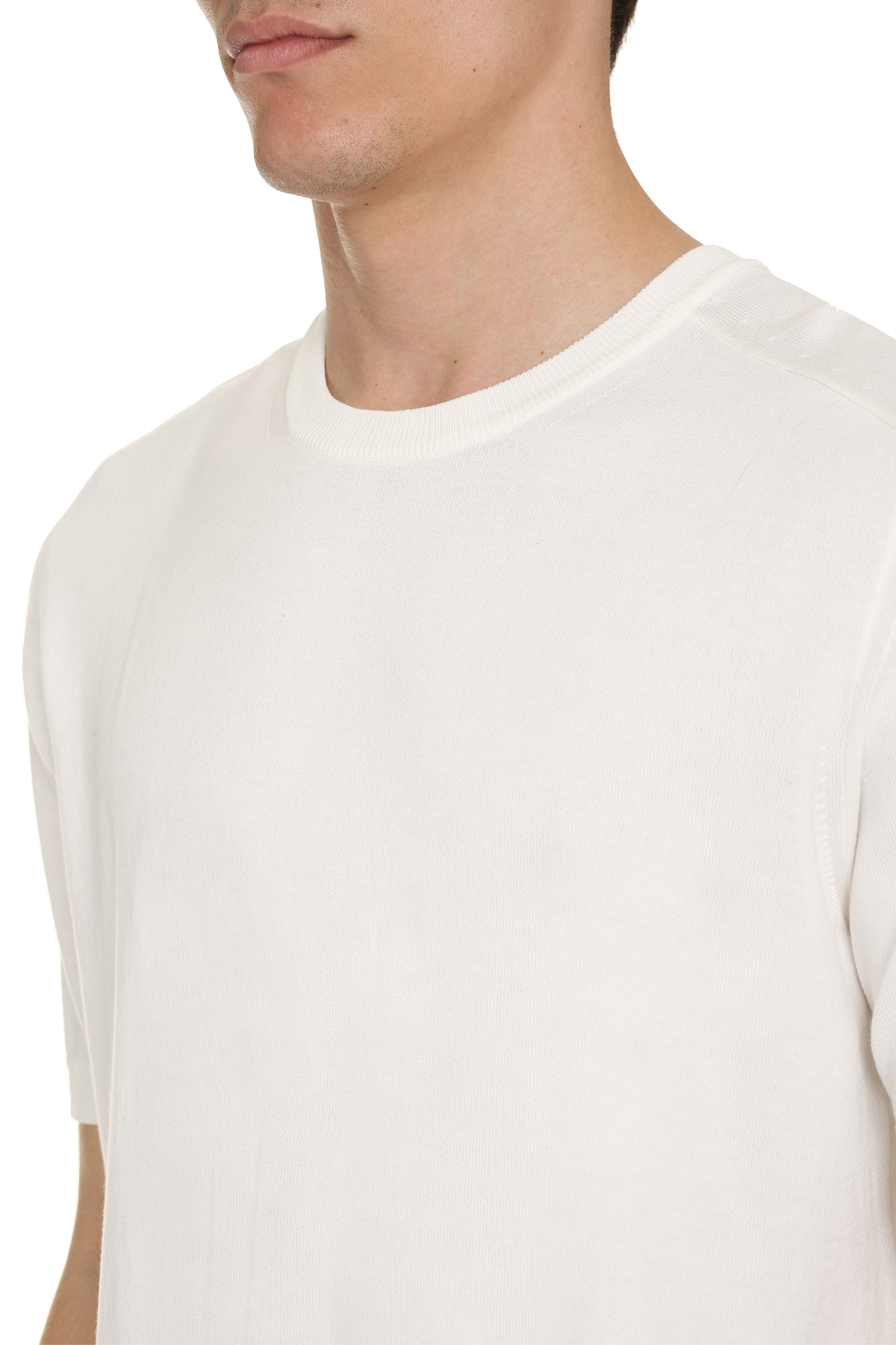 THE (ALPHABET) Cotton Short Sleeve Sweater with Side Slits