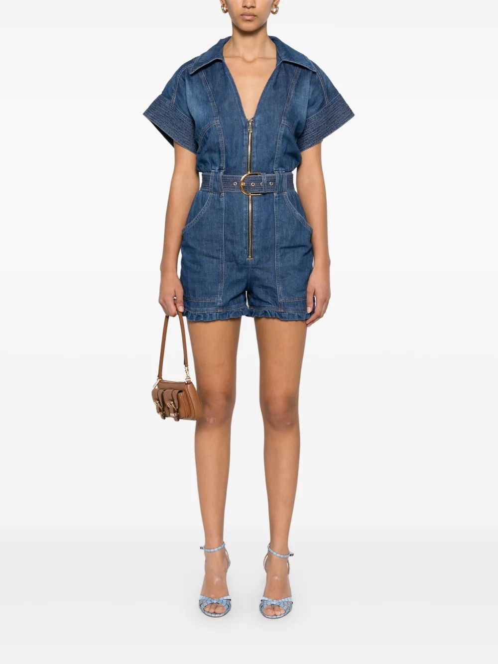 ELISABETTA FRANCHI Mini Denim Short Jumpsuit with Belt Detail