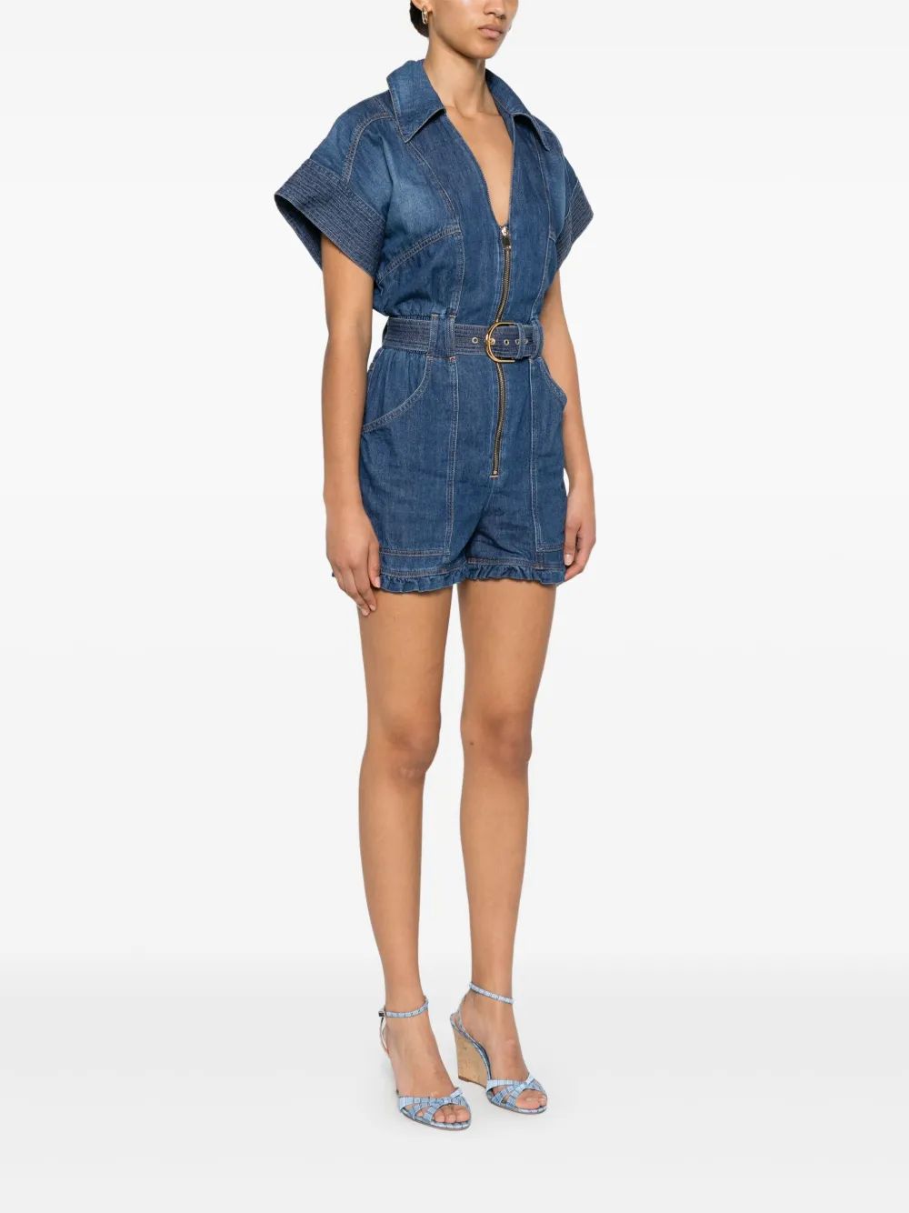 ELISABETTA FRANCHI Mini Denim Short Jumpsuit with Belt Detail