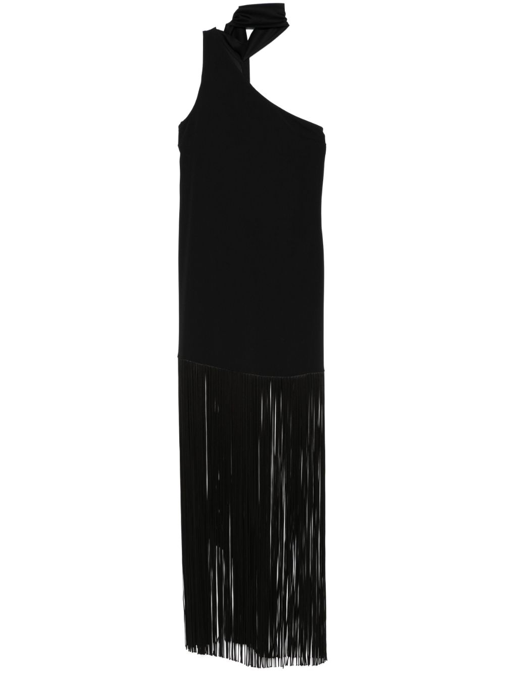 TALLER MARMO Asymmetric Neck Sleeveless Dress with Scarf and Fringe Detailing