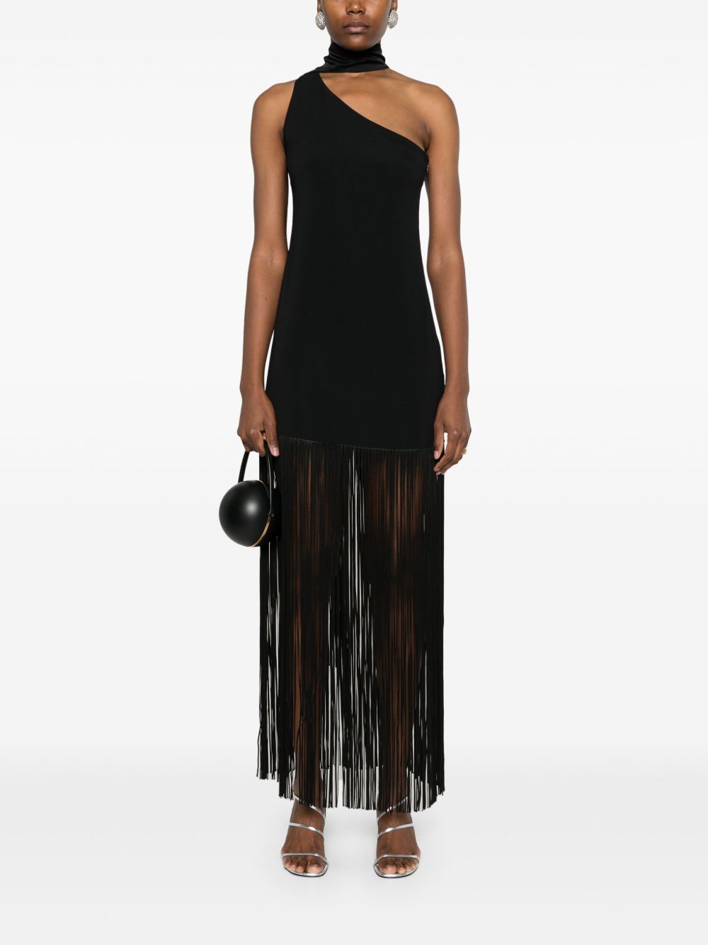 TALLER MARMO Asymmetric Neck Sleeveless Dress with Scarf and Fringe Detailing